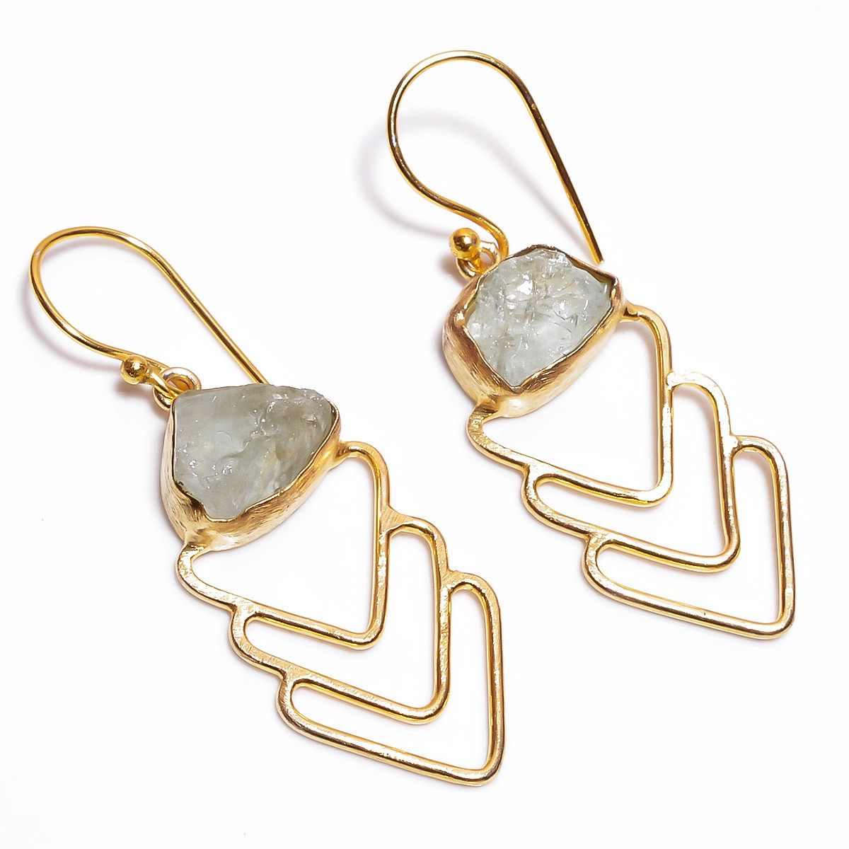 18K Gold Plated Earrings Natural Rough Aquamarine Gemstone Earrings