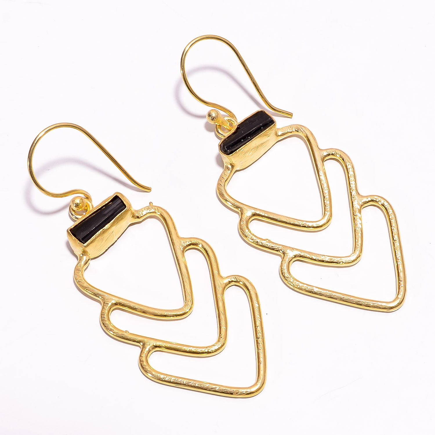 18K Gold Plated Earrings Natural Rough Black Tourmaline Gemstone Earrings