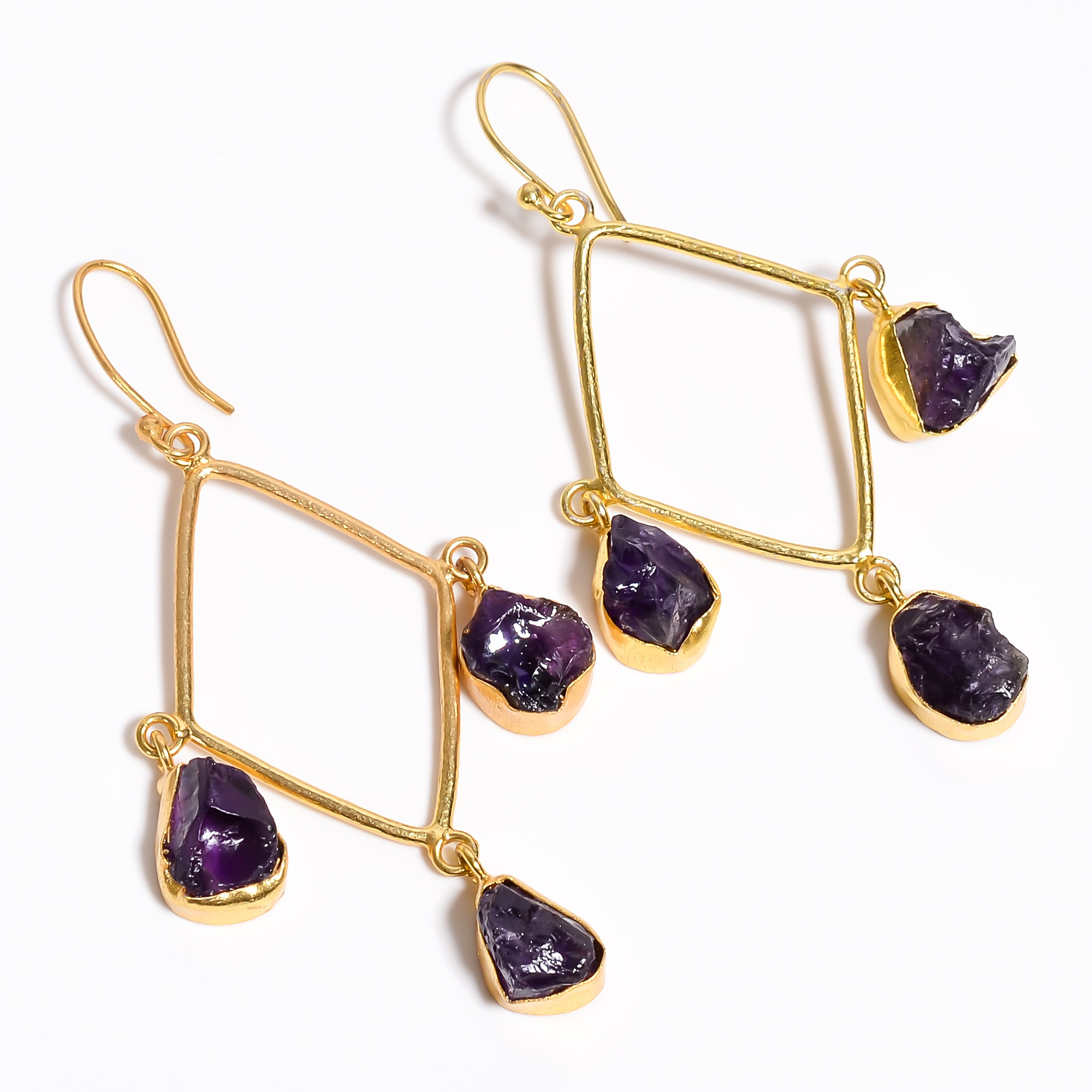 18K Gold Plated Earrings Natural Rough Amethyst Gemstone Earrings
