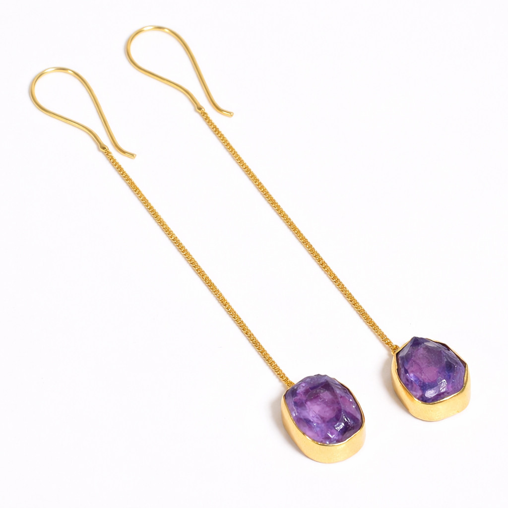 18K Gold Plated Earrings Natural Raw Amethyst Gemstone Earrings