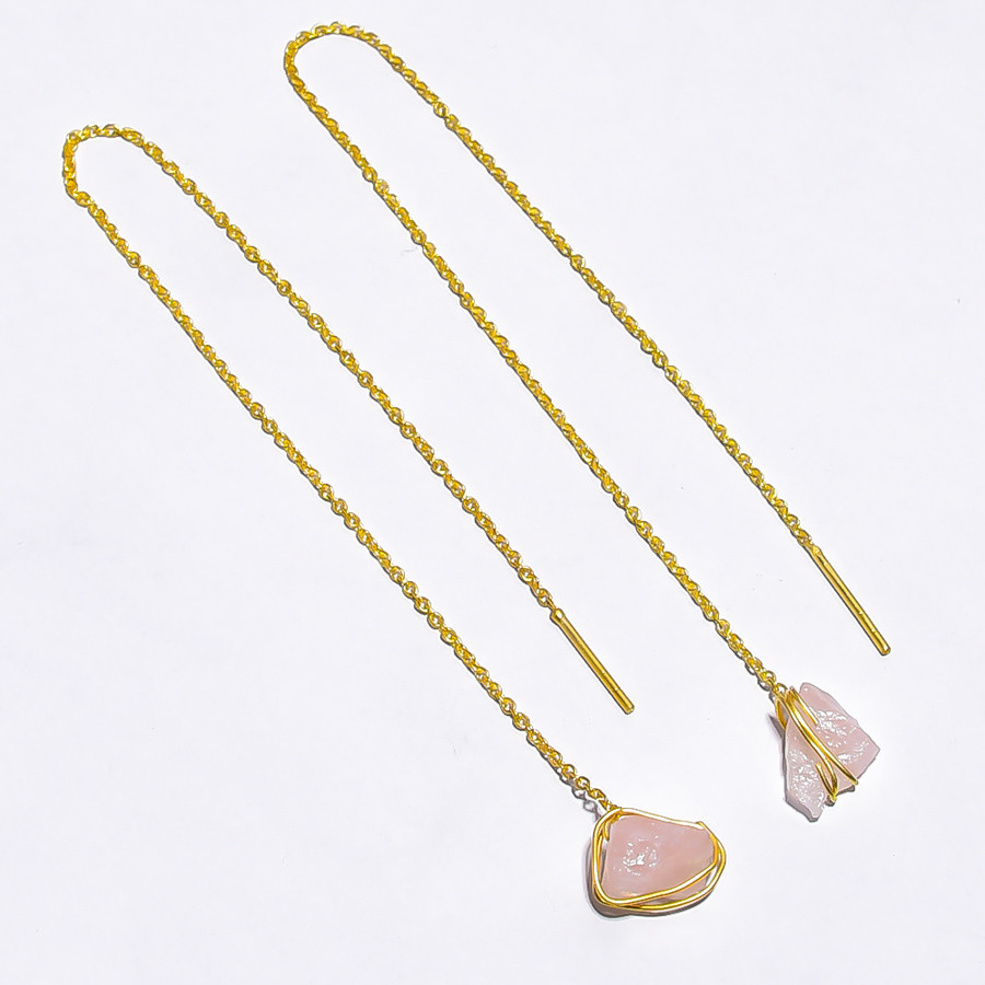 18K Gold Plated Earrings Natural Rough Rose Quartz Gemstone Earrings