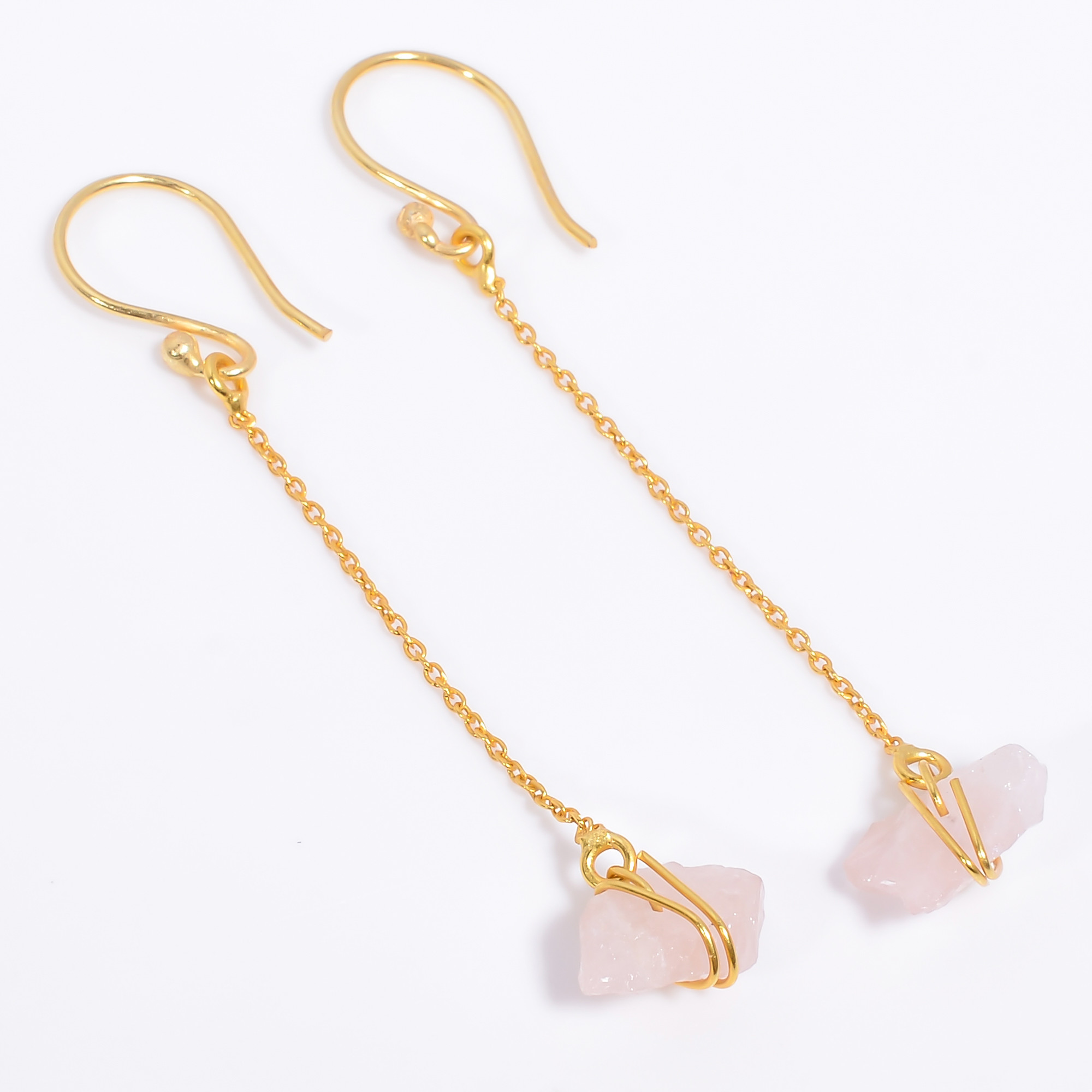 18K Gold Plated Earrings Natural Rough Rose Quartz Gemstone Earrings