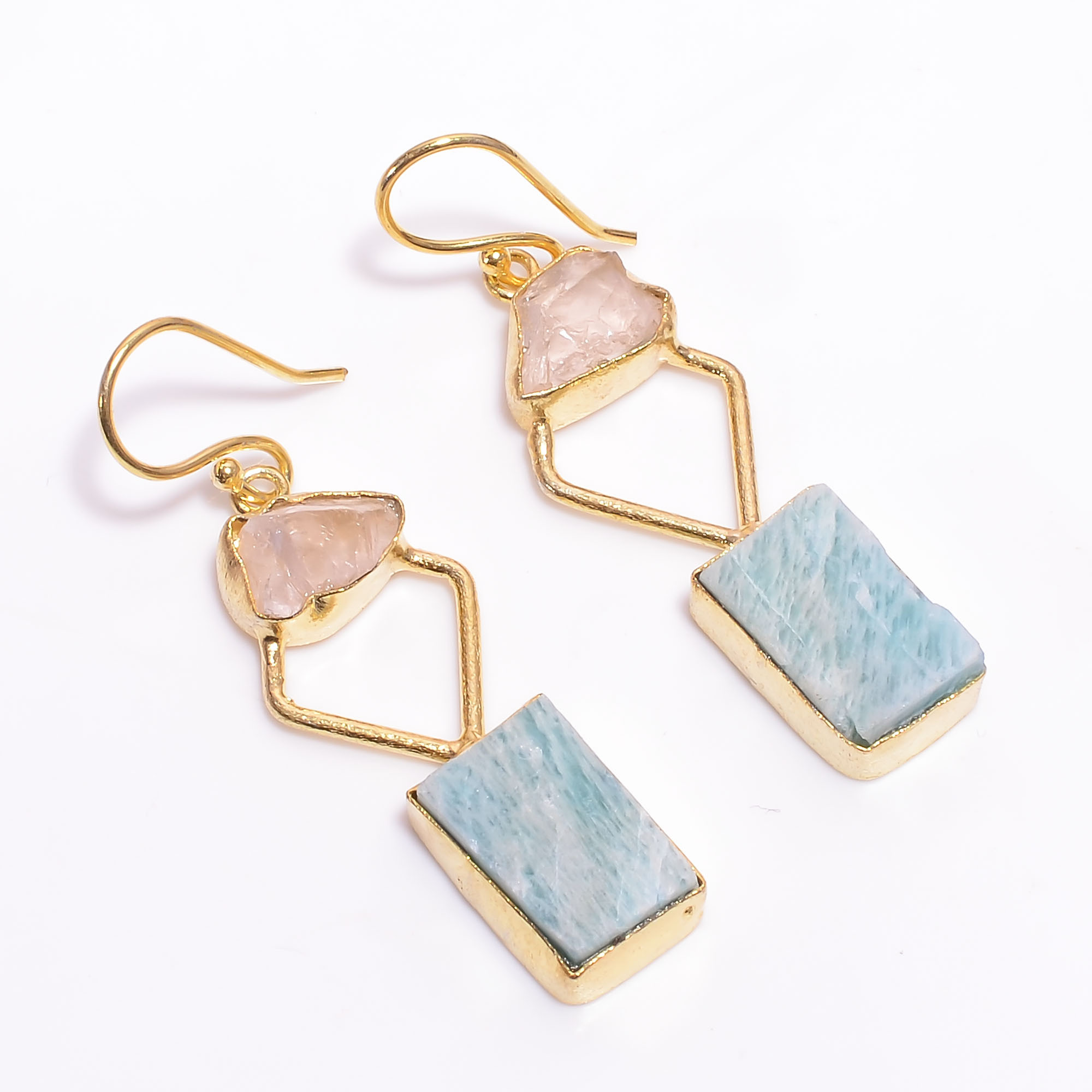 18K Gold Plated Earrings Natural Rough Rose Quartz Amazonite Gemstone Earrings