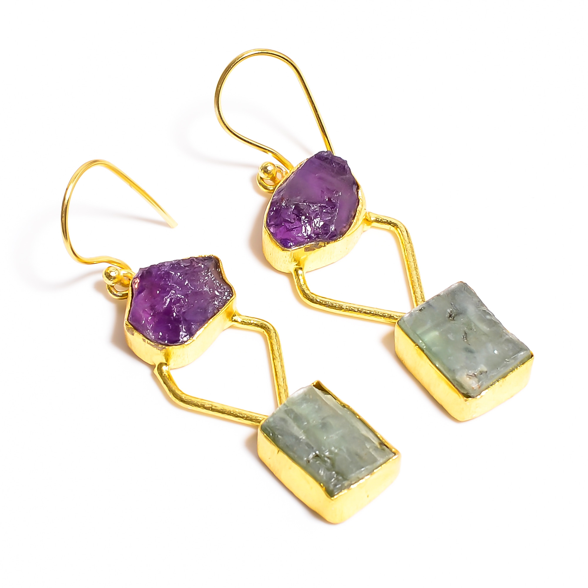 18K Gold Plated Brass Earrings Natural Rough Amethyst Green Kyanite Gemstone Earrings