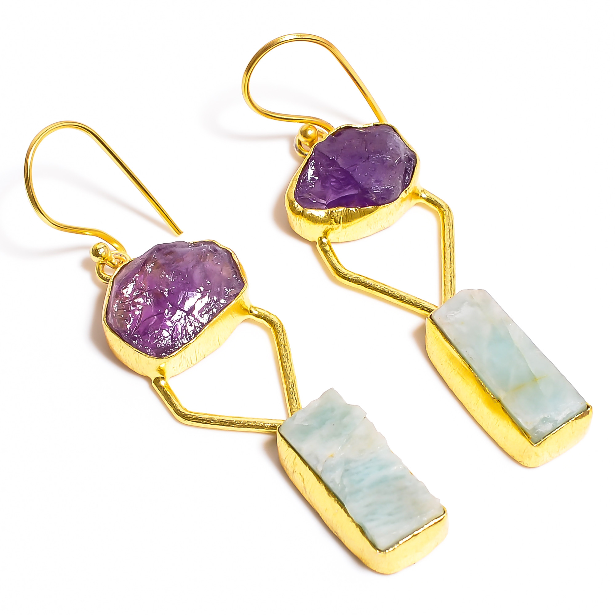 18K Gold Plated Earrings Natural Rough Amethyst Amazonite Gemstone Earrings