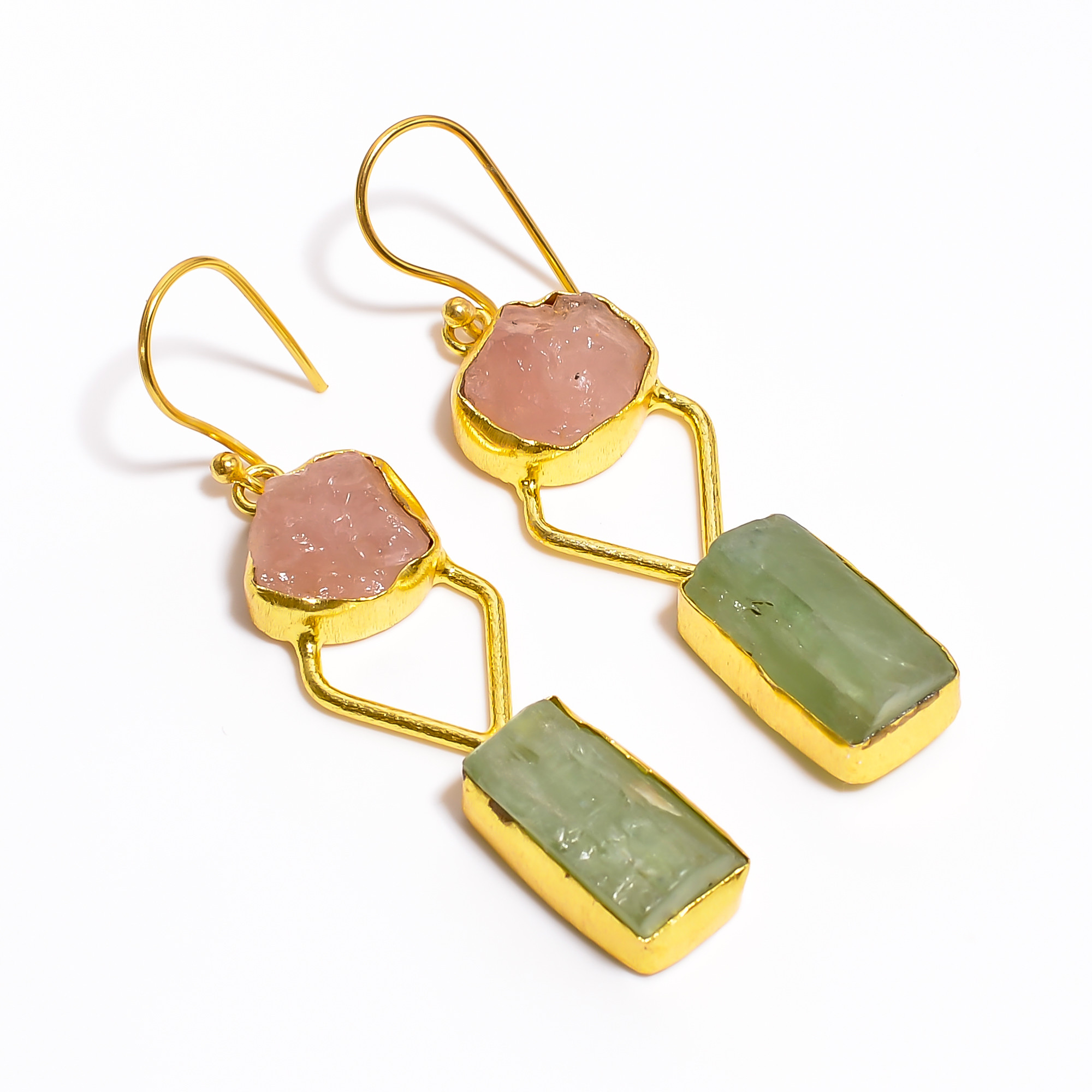 18K Gold Plated Brass Earrings Natural Rough Green Kyanite Rose Quartz Gemstone Earrings
