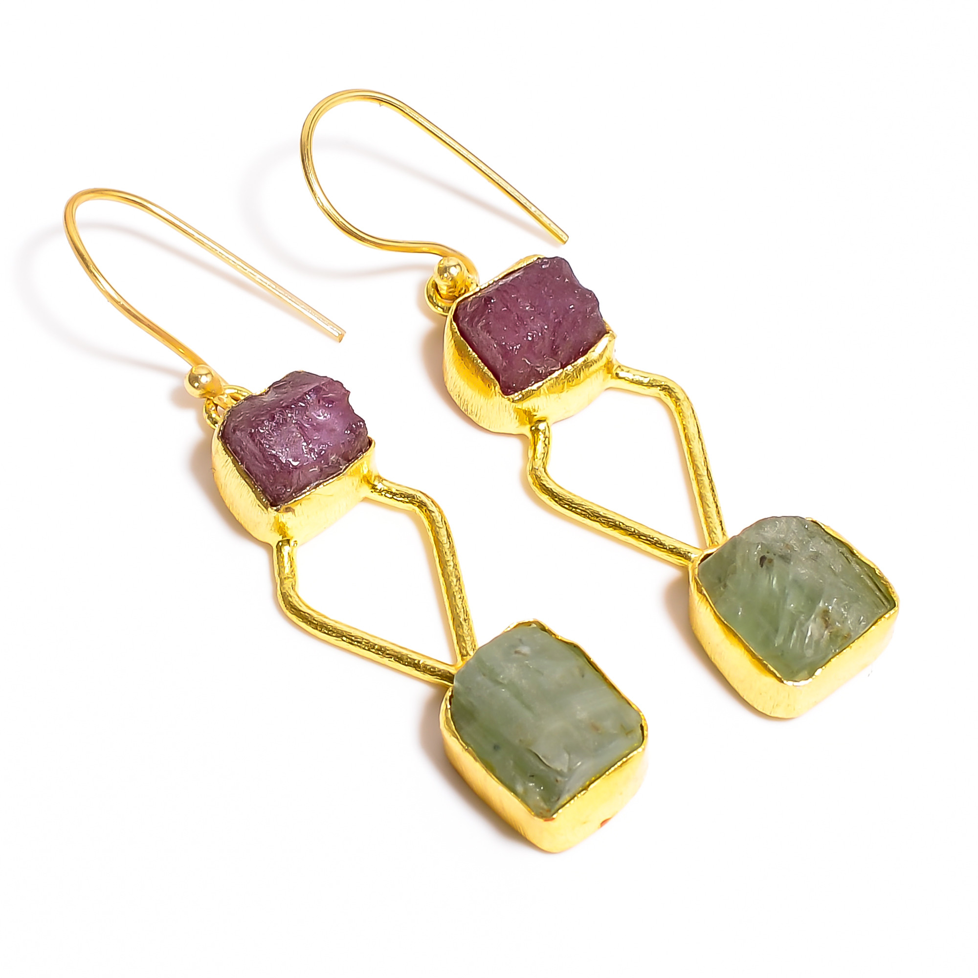 18K Gold Plated Earrings Natural Rough Ruby Green Kyanite Gemstone Earrings