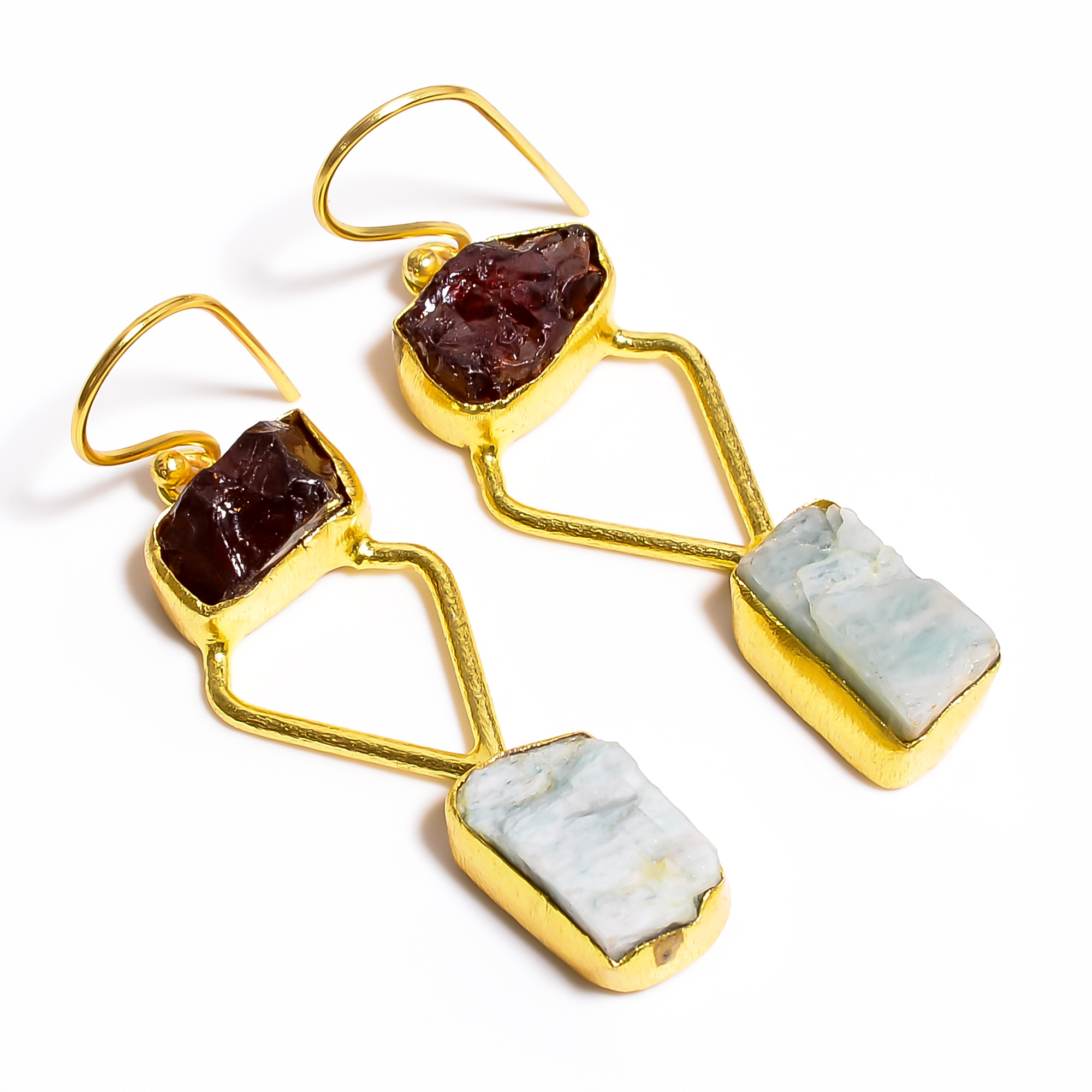 18K Gold Plated Earrings Natural Rough Garnet Amazonite Gemstone Earrings