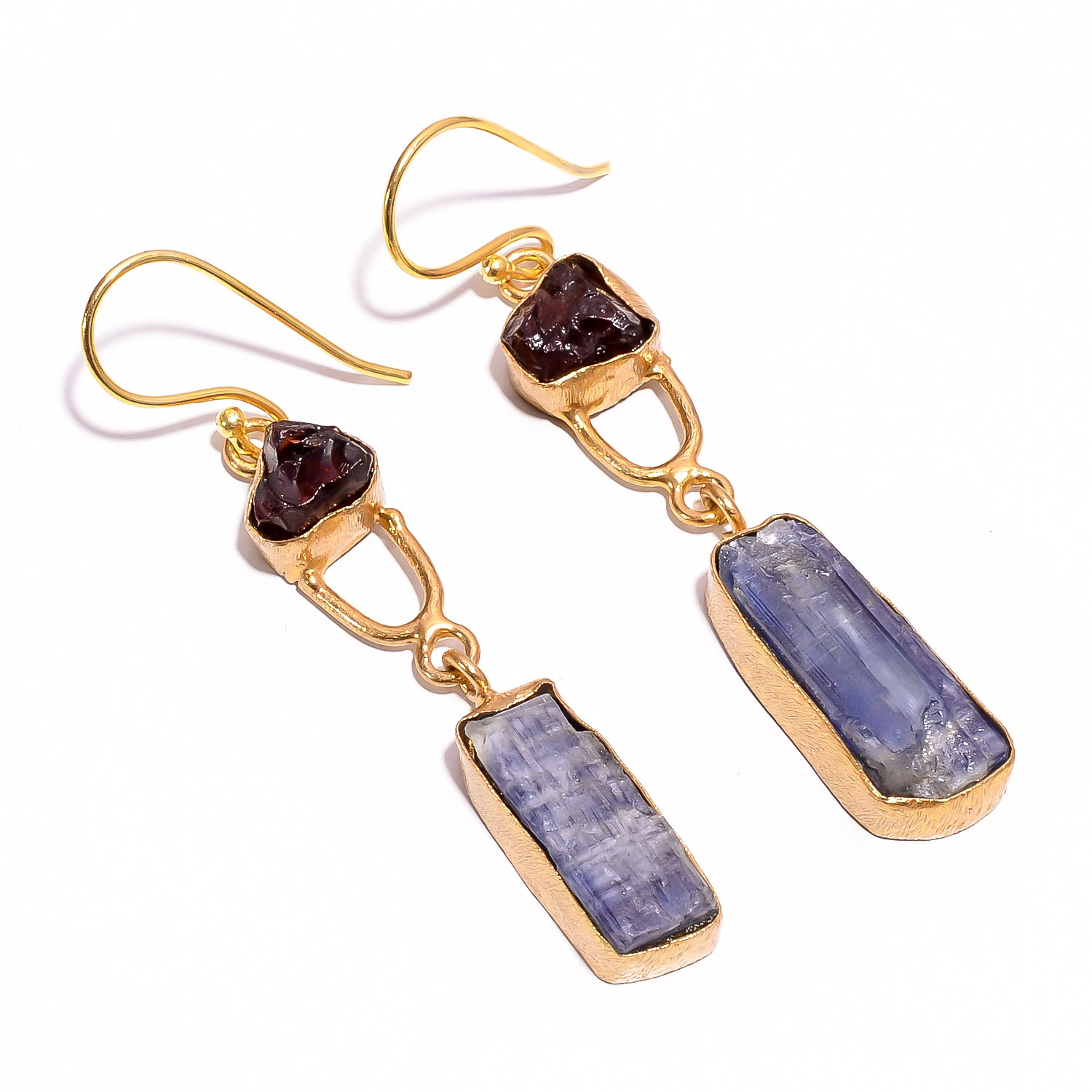 18K Gold Plated Earrings Natural Rough Garnet Blue Kyanite Gemstone Earrings
