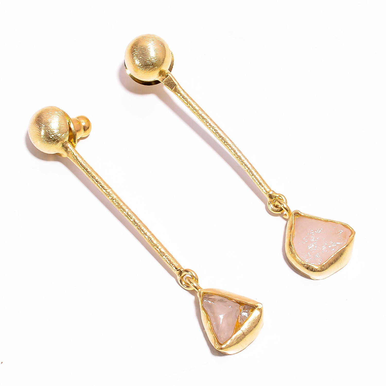 18K Gold Plated Brass Earrings Natural Rough Rose Quartz Gemstone Earrings