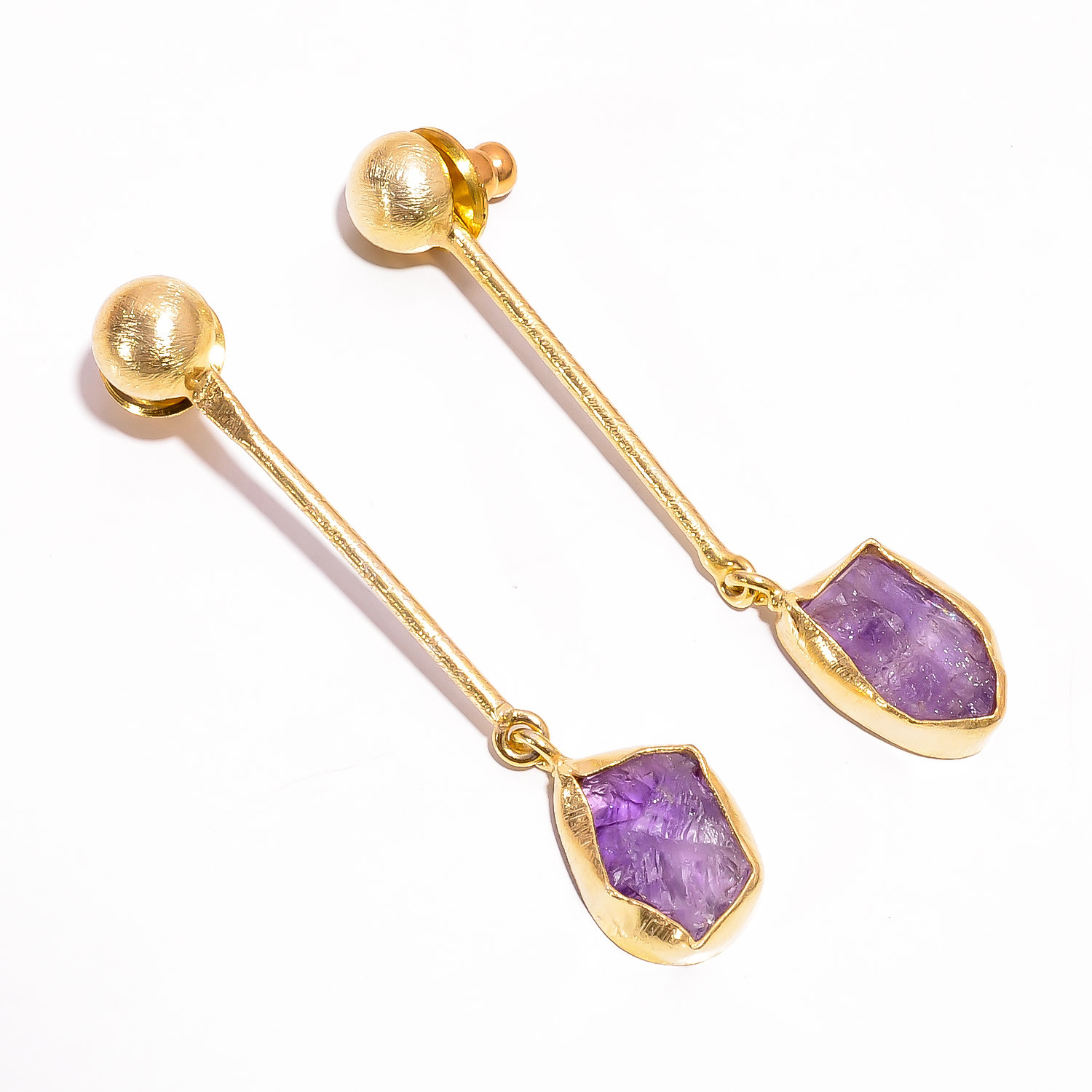18K Gold Plated Brass Earrings Natural Rough Amethyst Gemstone Earrings