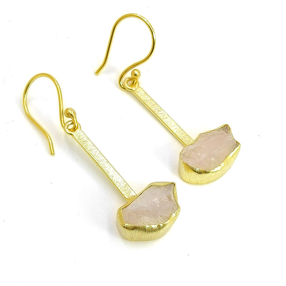 Natural Raw Rose Quartz Gemstone 18K Gold Plated Earrings