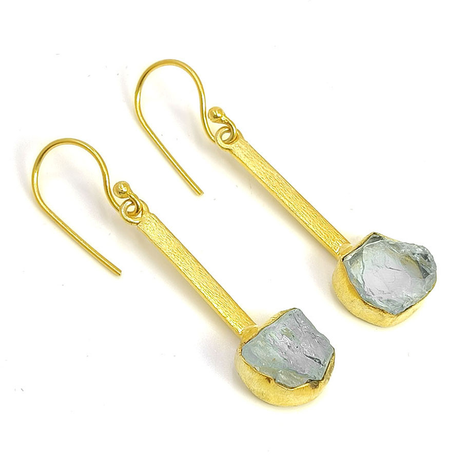 Natural Raw Aquamarine Gemstone 18K Gold Plated Earrings