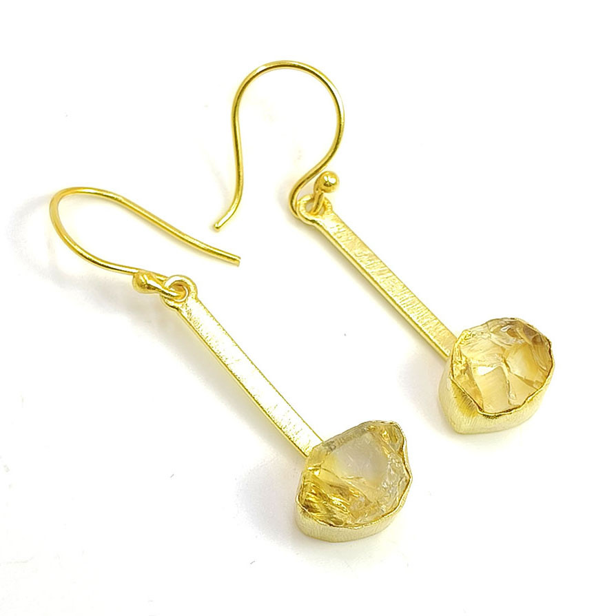 Natural Raw Citrine Gemstone 18K Gold Plated Earrings