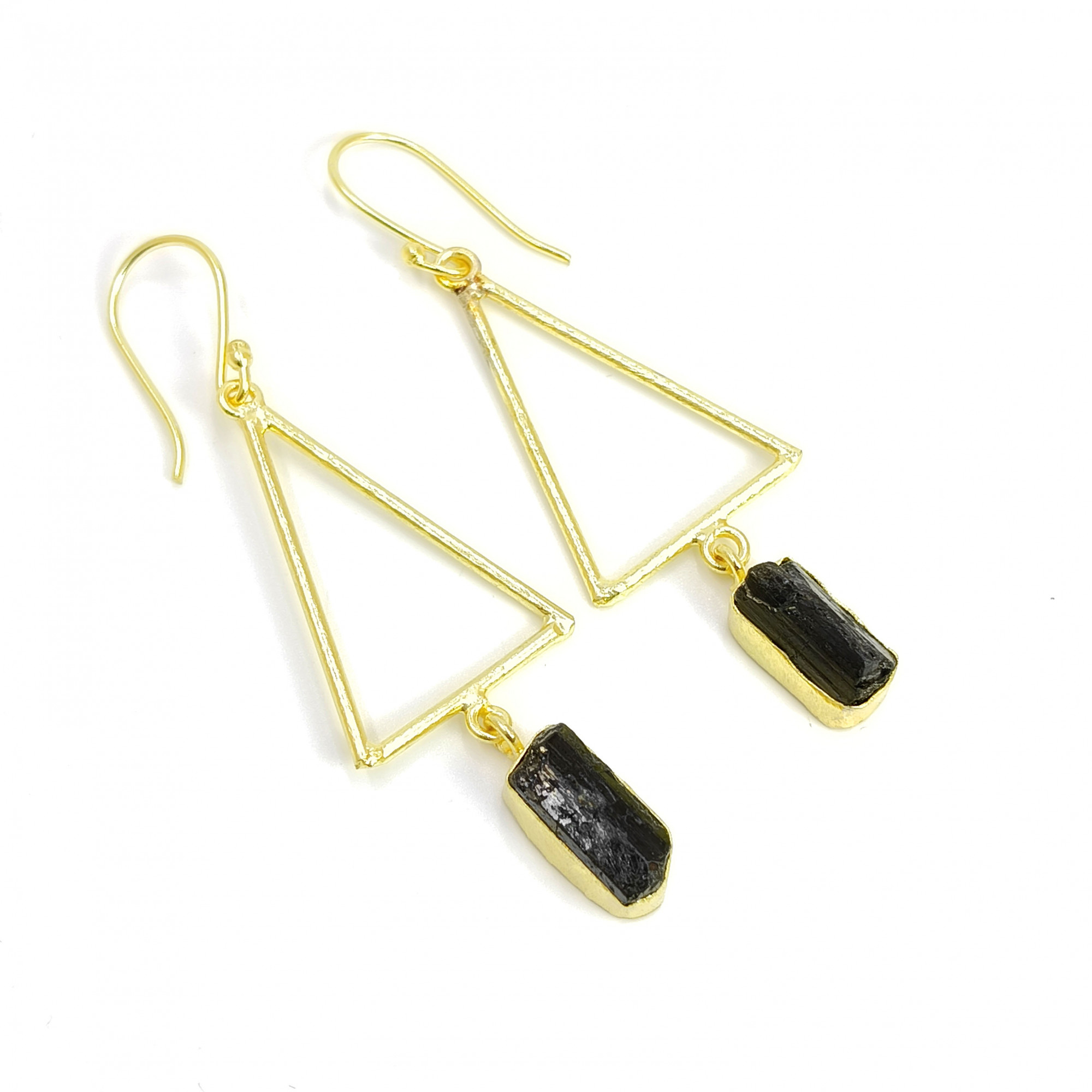 Natural Raw Black Tourmaline Gemstone 18K Gold Plated Earrings