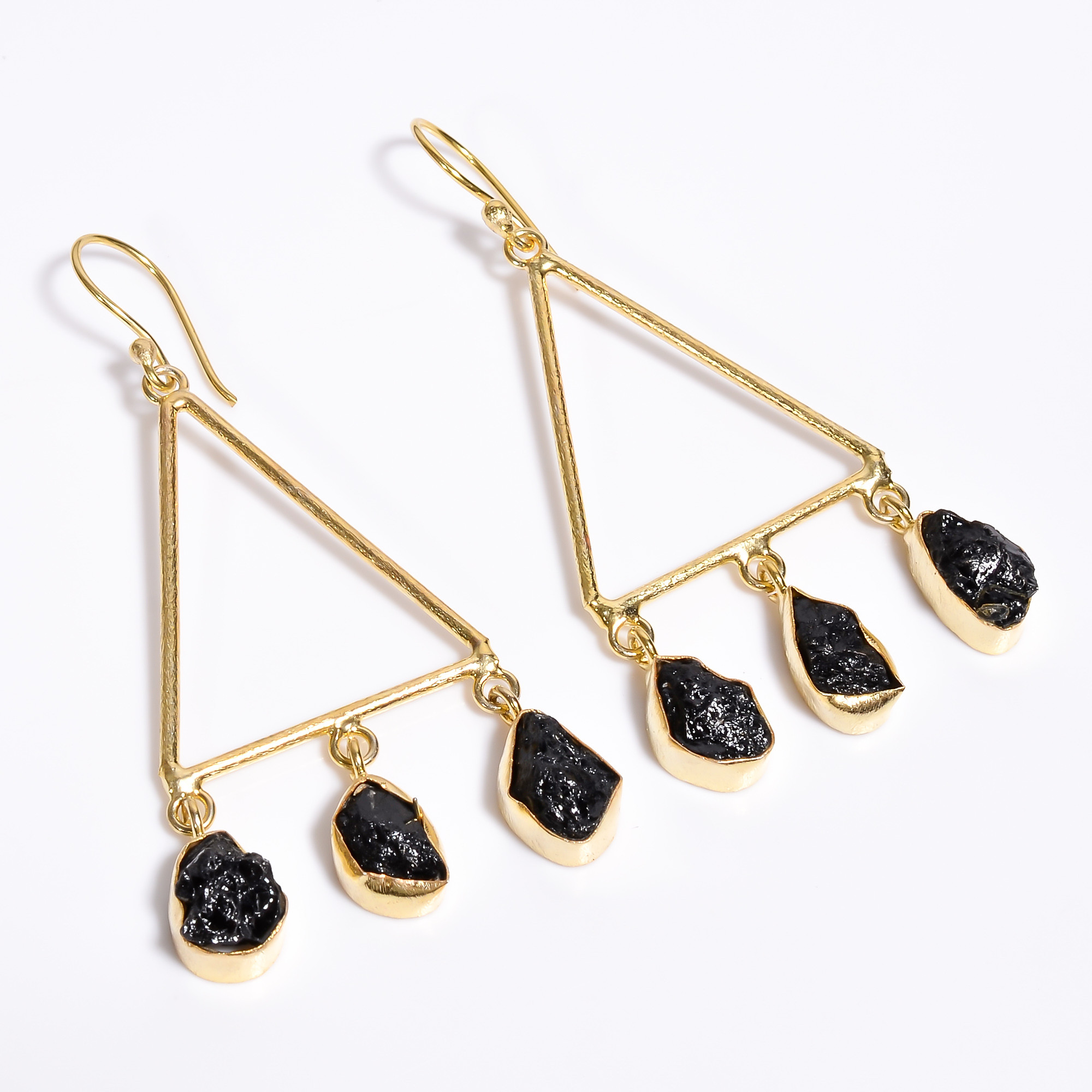 18K Gold Plated Earrings Natural Rough Black Tourmaline Gemstone Earrings