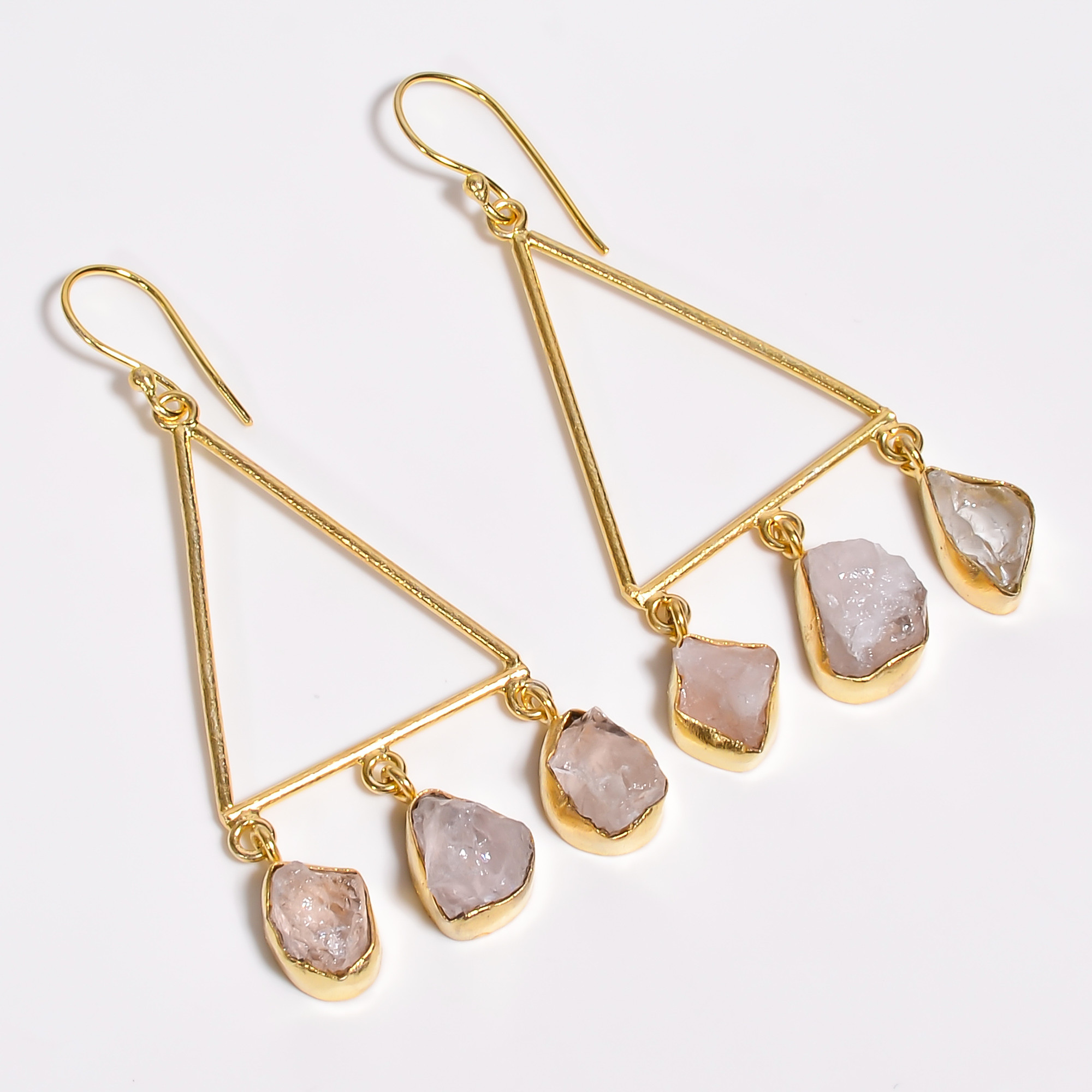 18K Gold Plated Earrings Natural Rough Rose Quartz Gemstone Earrings