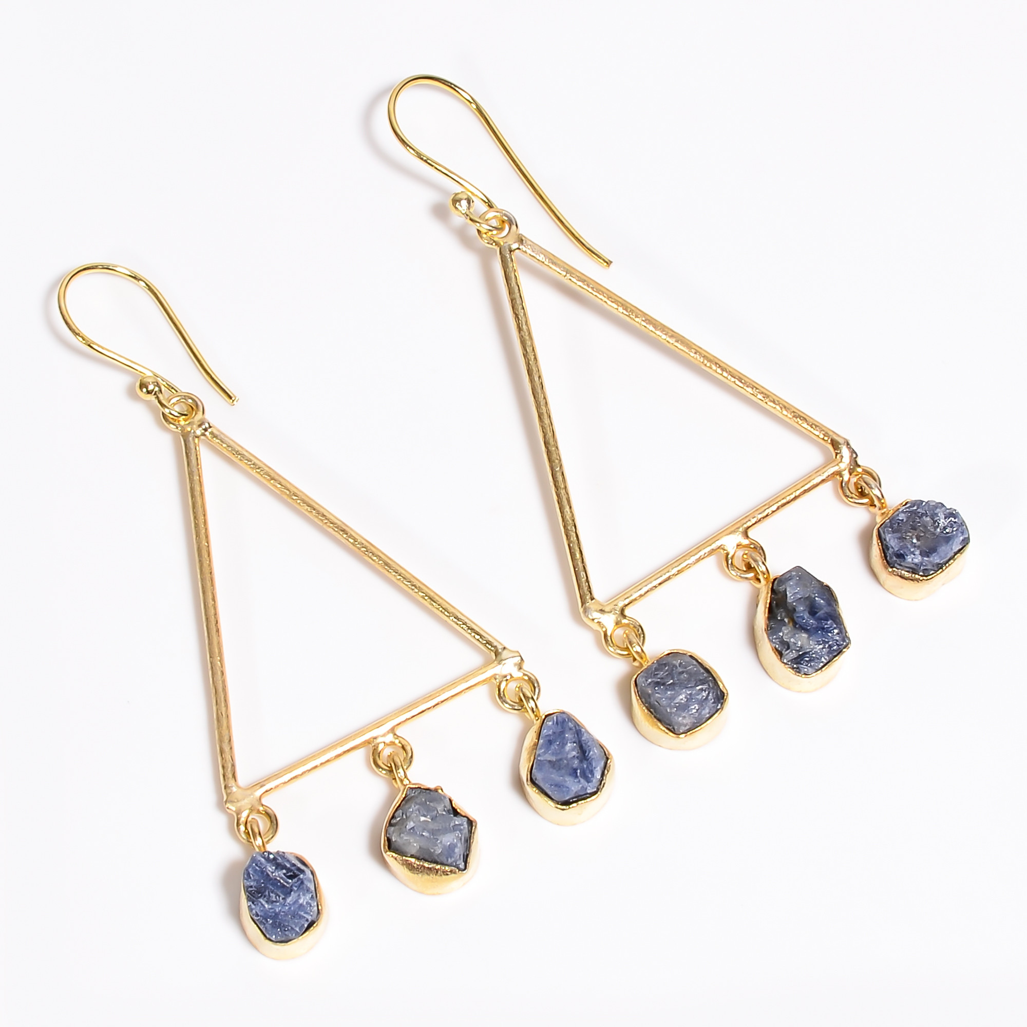 18K Gold Plated Earrings Natural Rough Blue Sapphire Gemstone Earrings