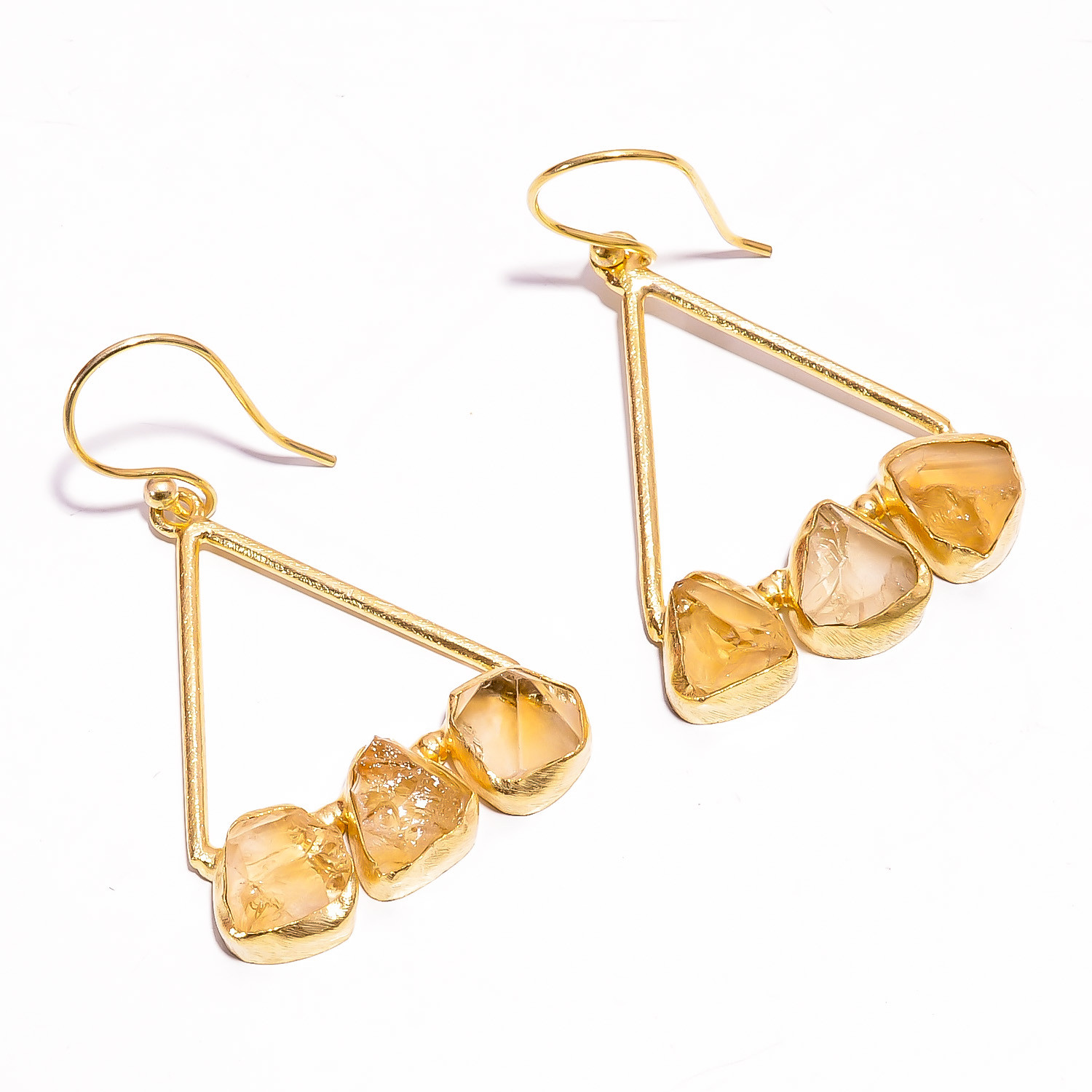 18K Gold Plated Brass Earrings Natural Rough Citrine Gemstone Earrings