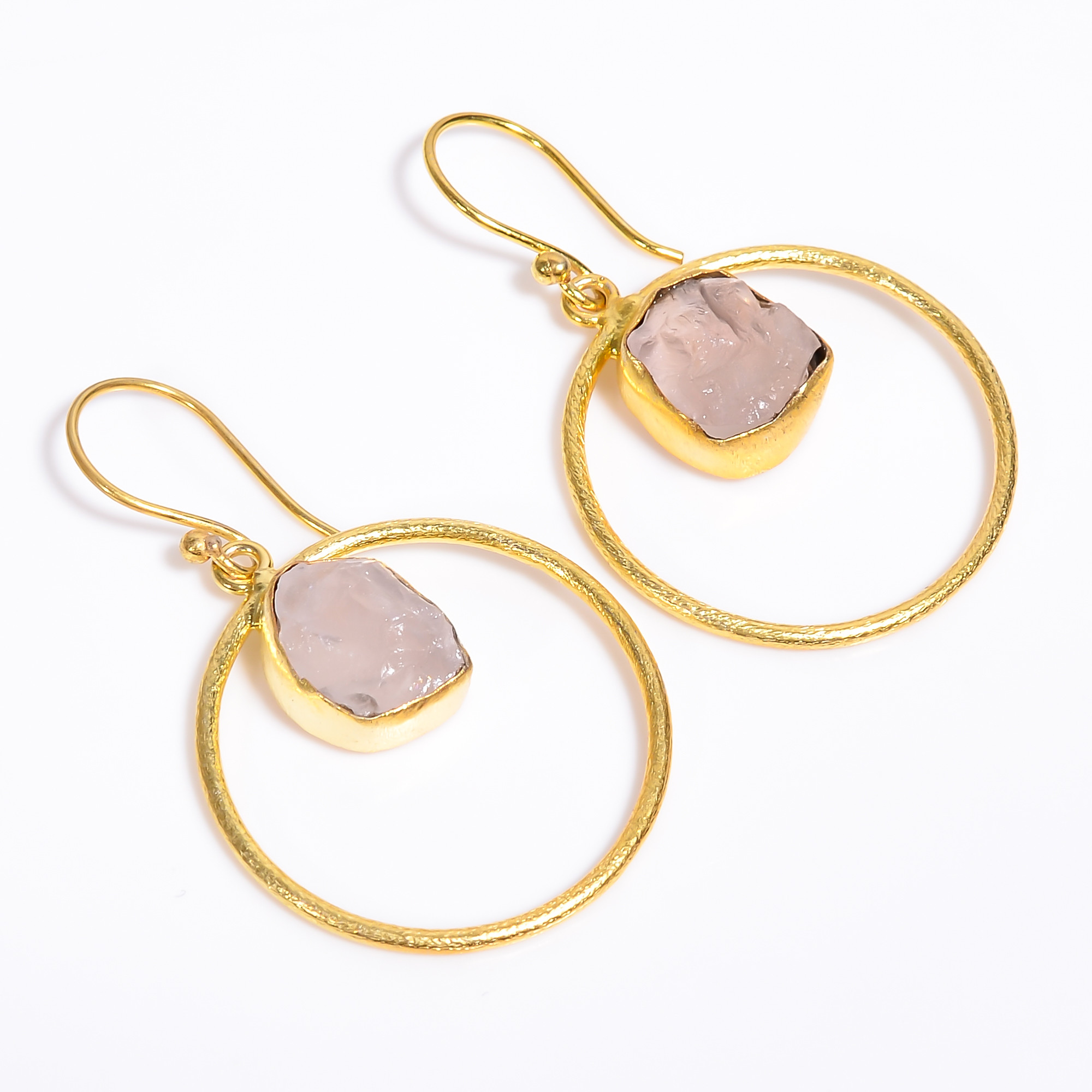 18K Gold Plated Earrings Natural Rough Rose Quartz Gemstone Earrings