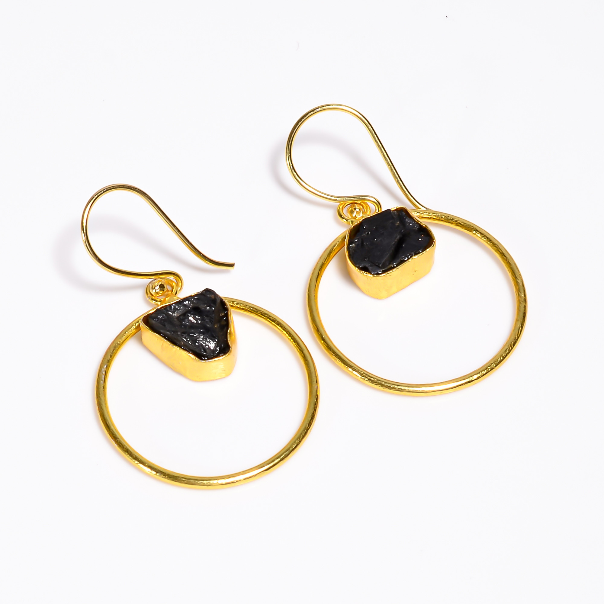 Natural Raw Black Tourmaline Gemstone 18k Gold Plated Earrings