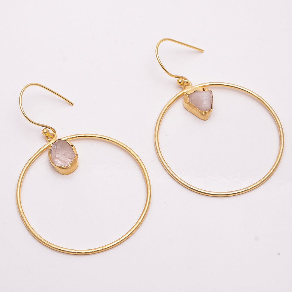 18K Gold Plated Earrings Natural Rough Rose Quartz Gemstone Earrings
