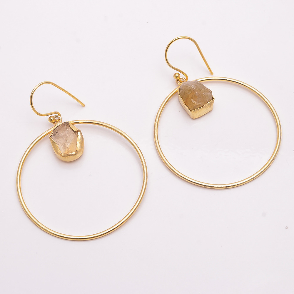 18K Gold Plated Earrings Natural Rough Citrine Gemstone Earrings