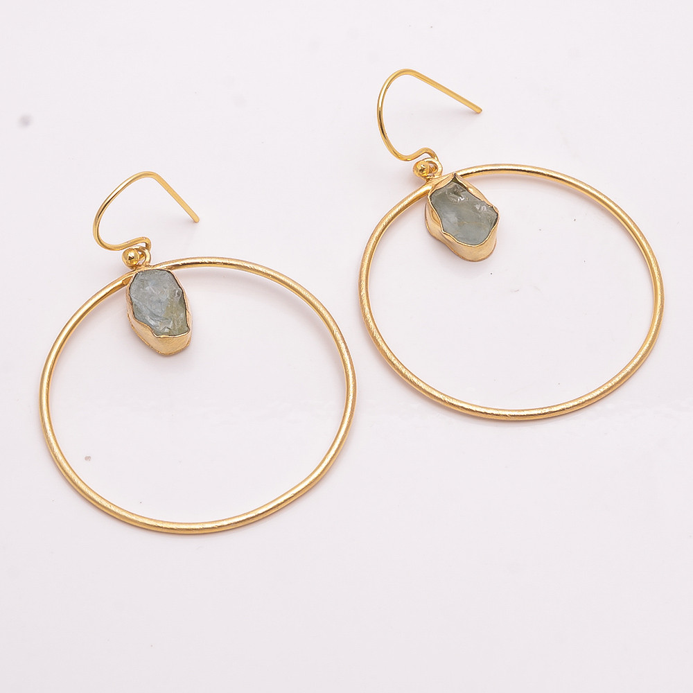 18K Gold Plated Earrings Natural Rough Aquamarine Gemstone Earrings