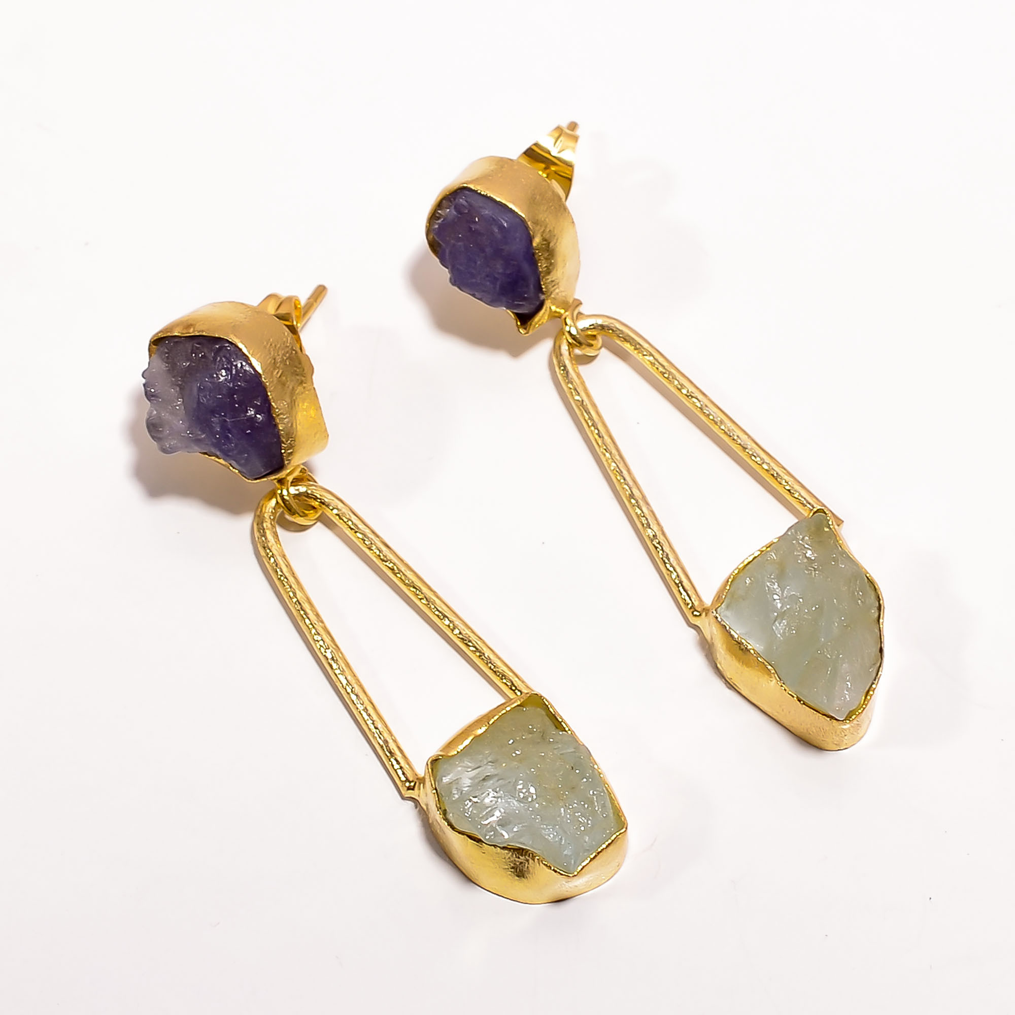 18K Gold Plated Earrings Natural Rough Amethyst Aquamarine Gemstone Earrings
