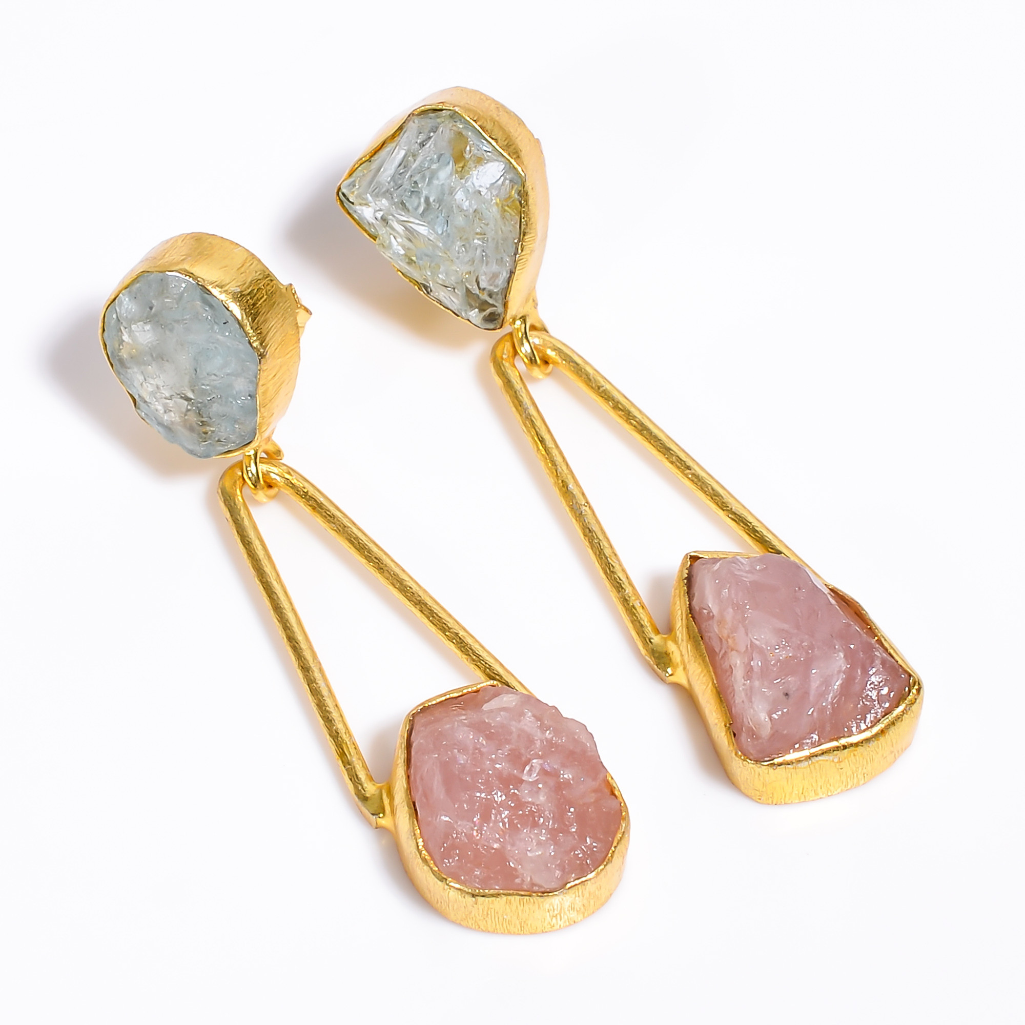 18K Gold Plated Earrings Natural Rough Rose Quartz Aquamarine Gemstone Earrings