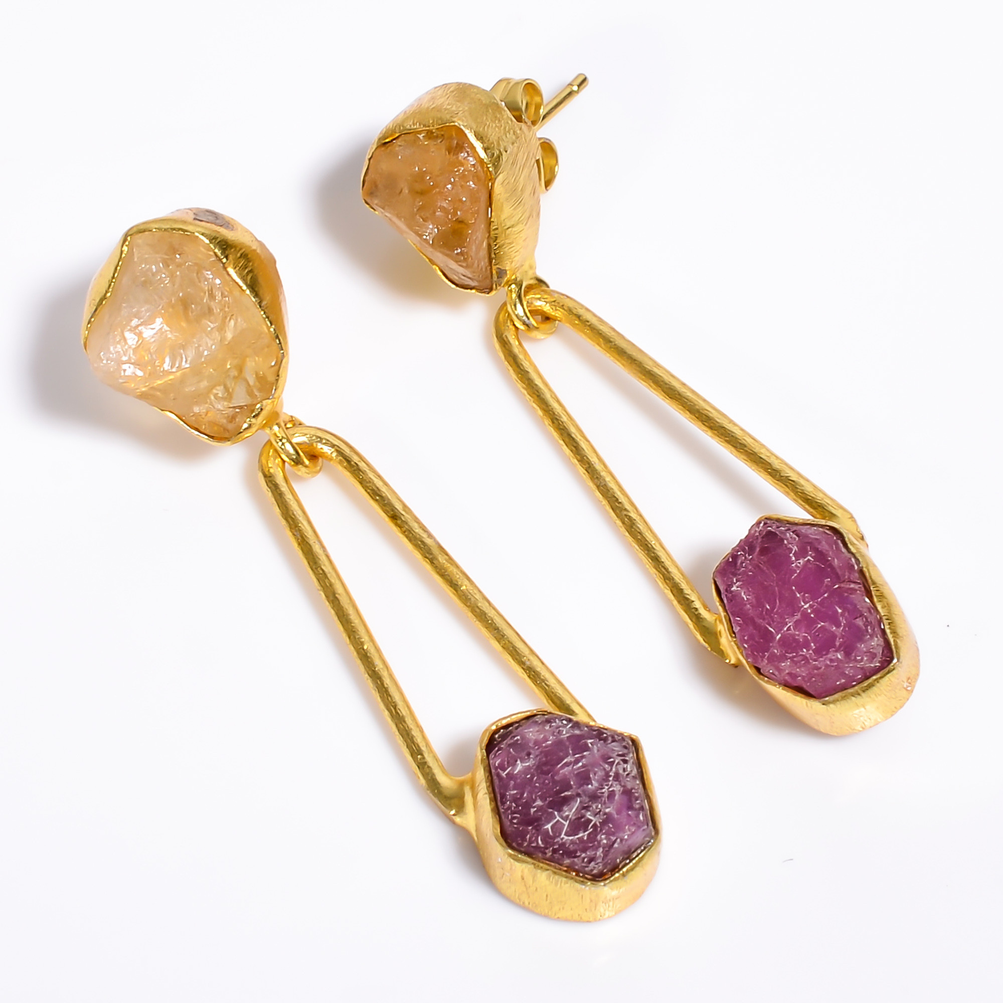 18K Gold Plated Earrings Natural Rough Citrine Ruby Gemstone Earrings