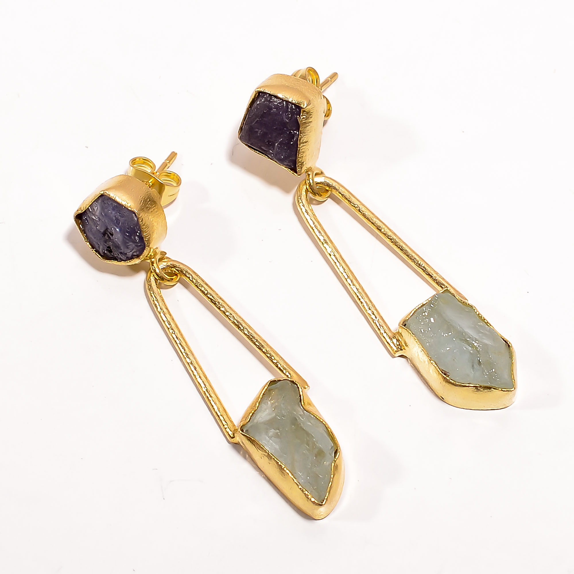 18K Gold Plated Earrings Natural Rough Tanzanite Aquamarine Gemstone Earrings