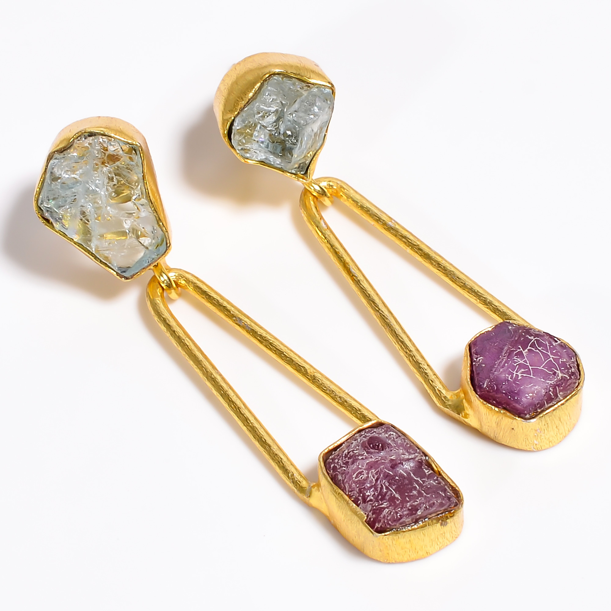 18K Gold Plated Earrings Natural Rough Aquamarine Ruby Gemstone Earrings