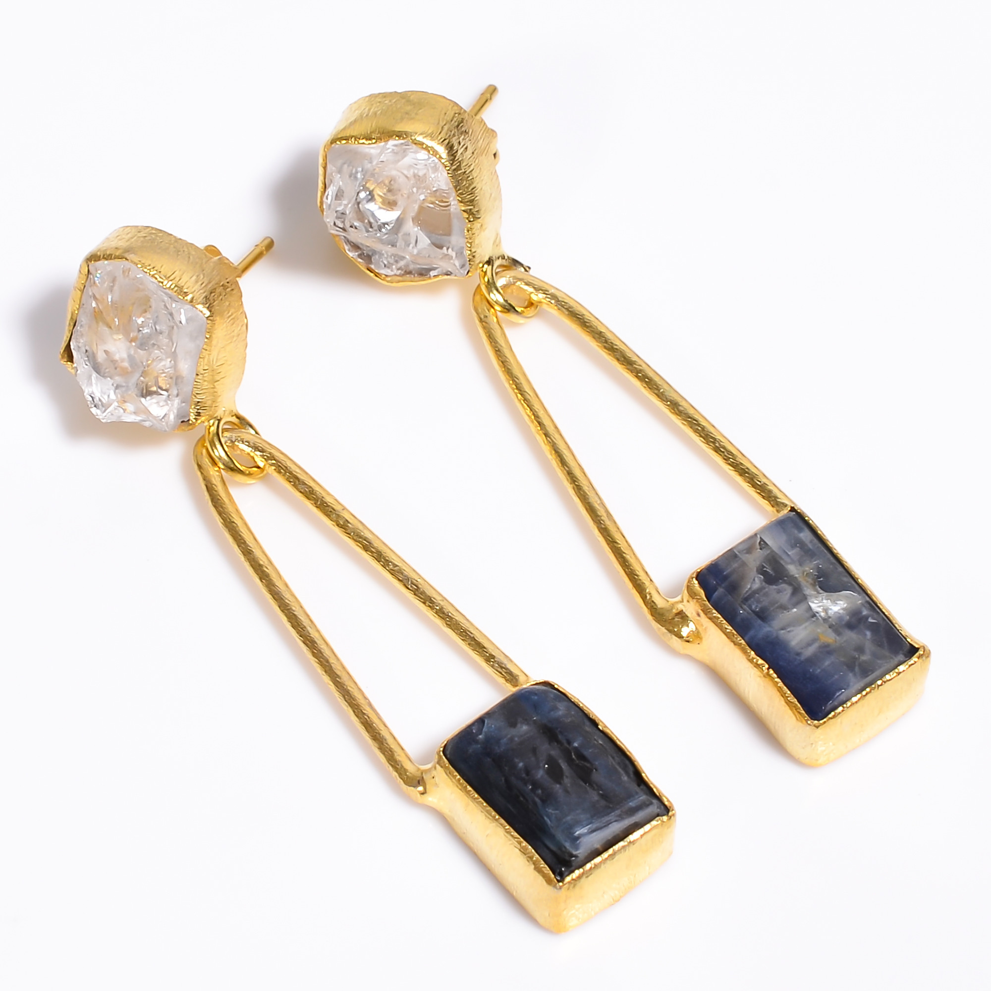 18K Gold Plated Earrings Natural Rough Crystal Blue Kyanite Gemstone Earrings