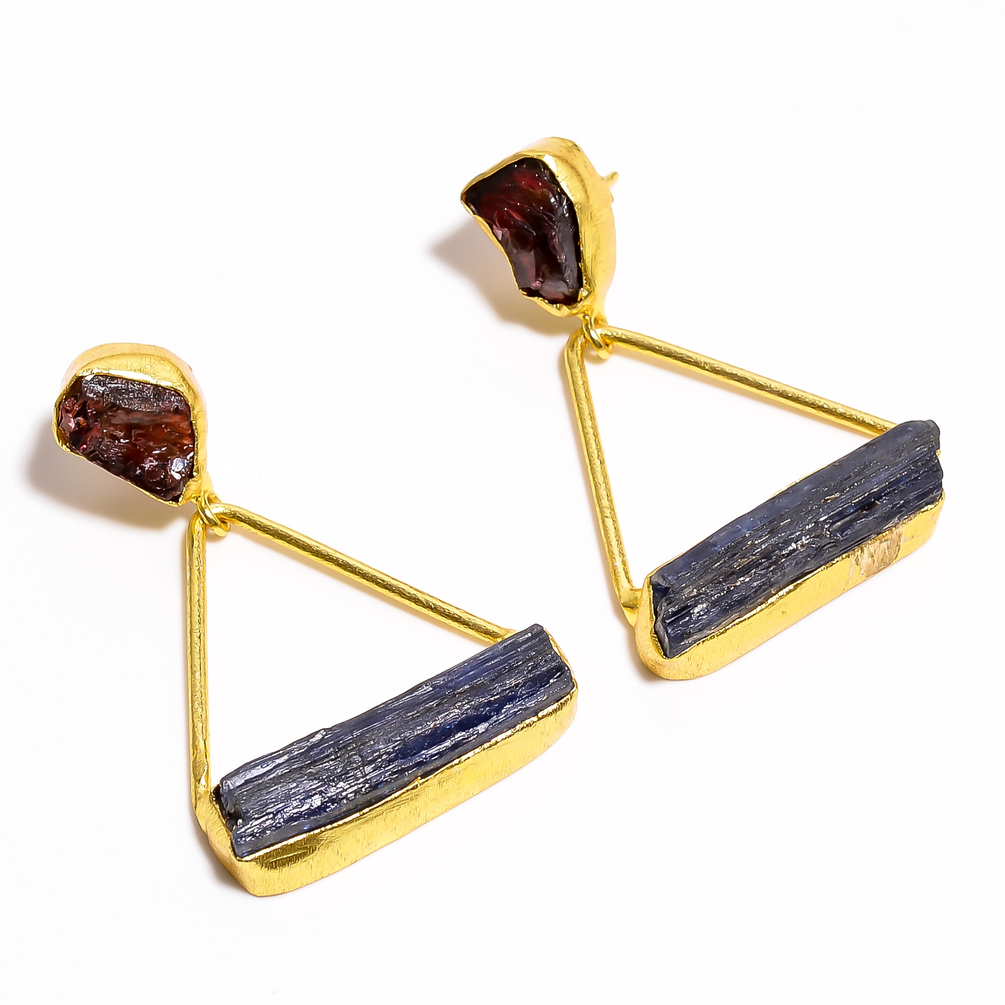18K Gold Plated Brass Earrings Natural Rough Garnet Blue Kyanite Gemstone Earrings