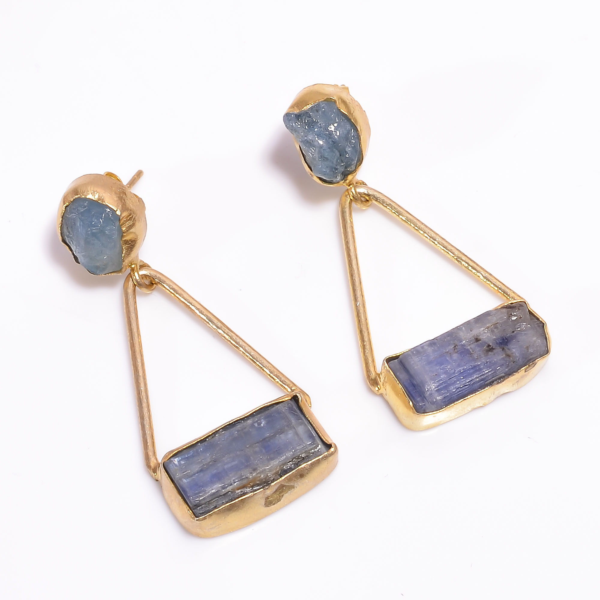 18K Gold Plated Earrings Natural Rough Aquamarine Blue Kyanite Gemstone Earrings