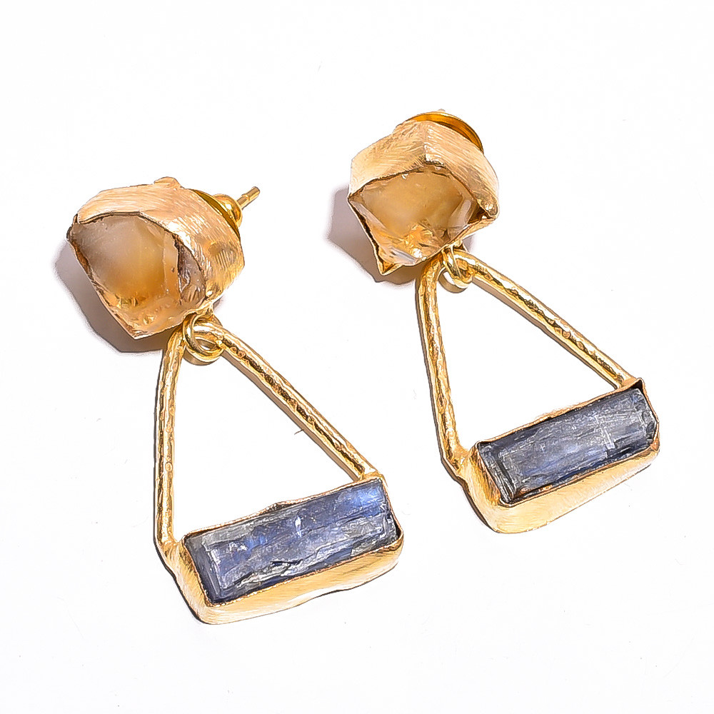 18K Gold Plated Earrings Natural Rough Citrine Blue Kyanite Gemstone Earrings