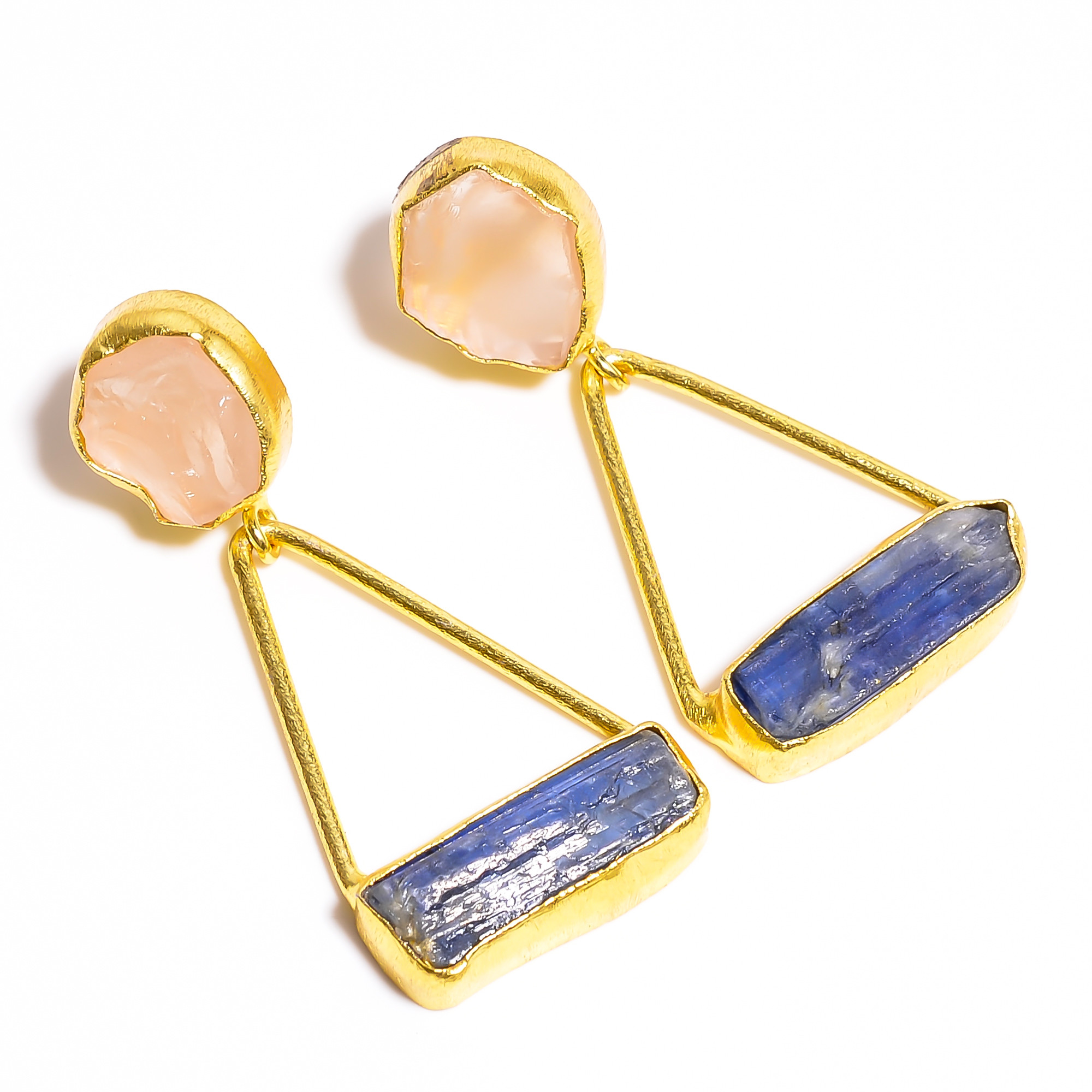18K Gold Plated Earrings Natural Rough Rose Quartz Blue Kyanite Gemstone Earrings
