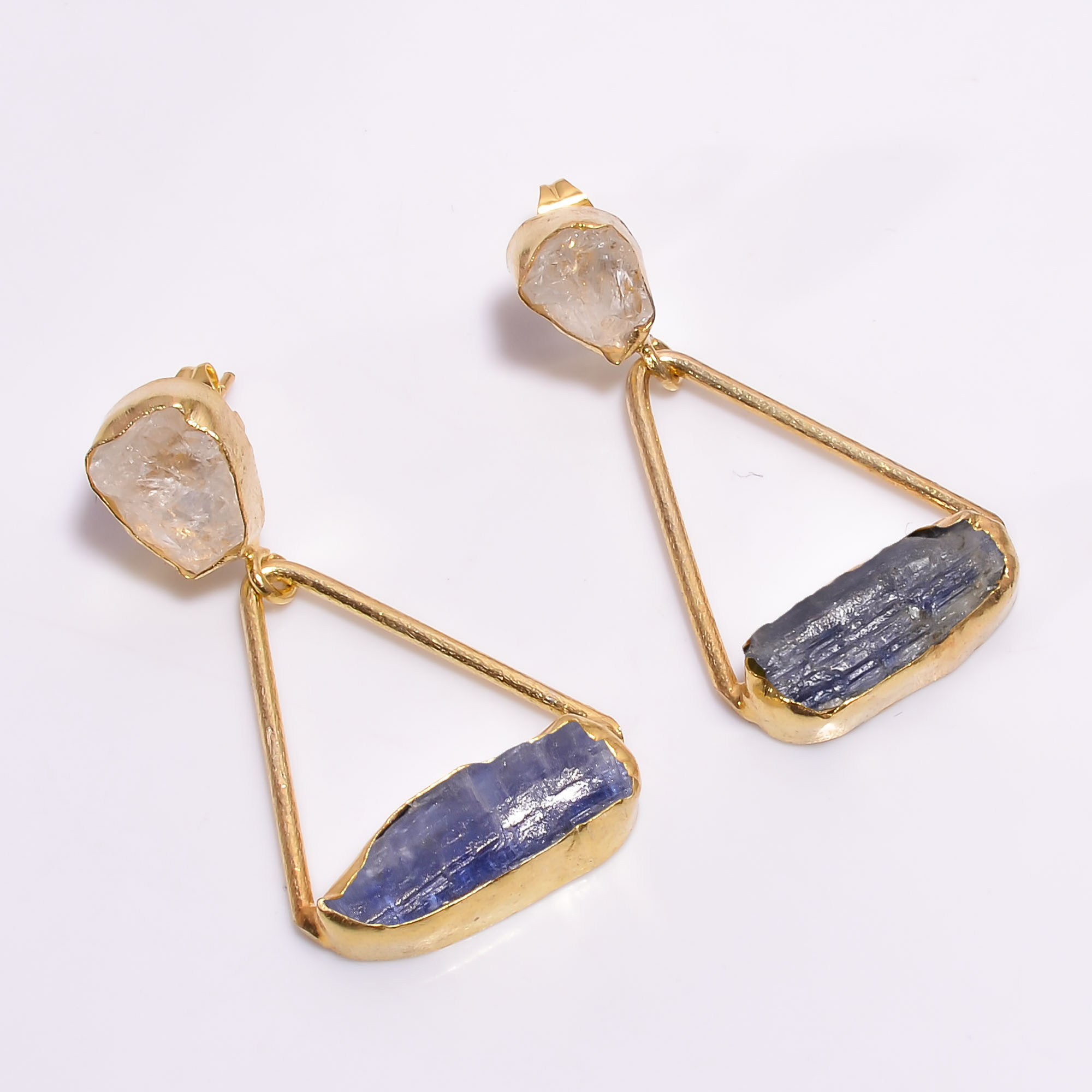18K Gold Plated Earrings Natural Rough Crystal Blue Kyanite Gemstone Earrings