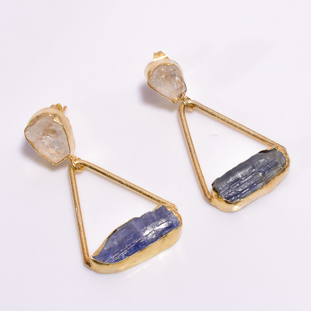 Image of 18K Gold Plated Earrings Natural Rough Crystal Blue Kyanite Gemstone Earrings