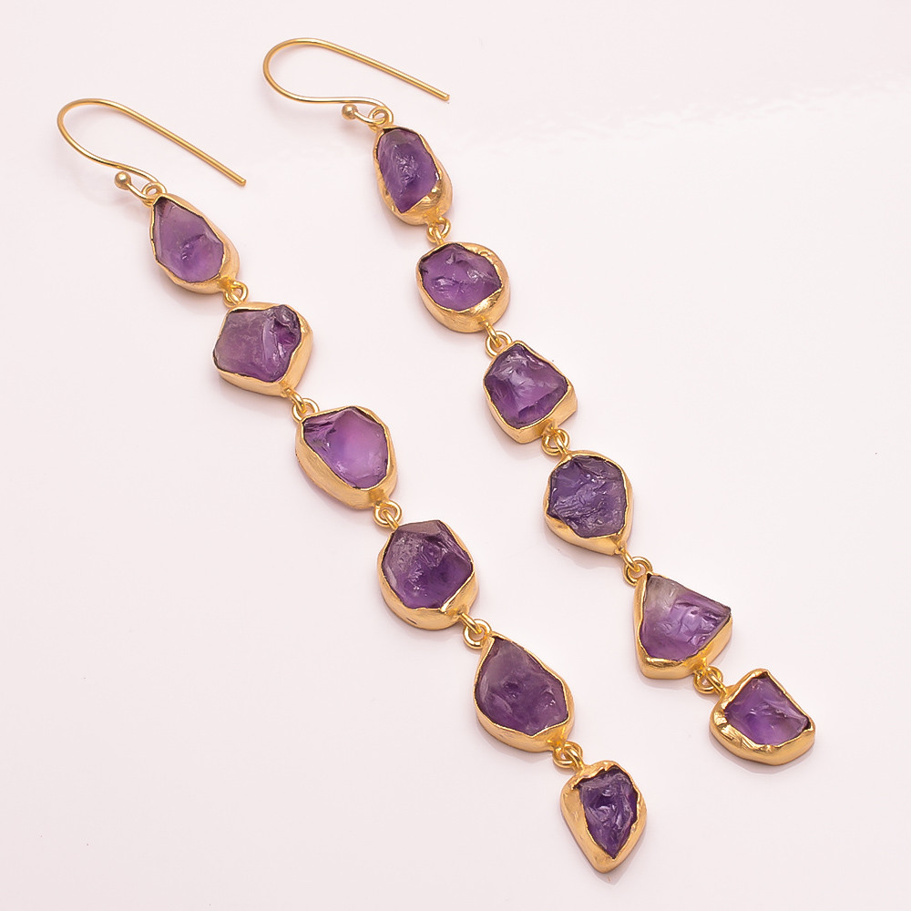 18K Gold Plated Earrings Natural Rough Amethyst Gemstone Earrings