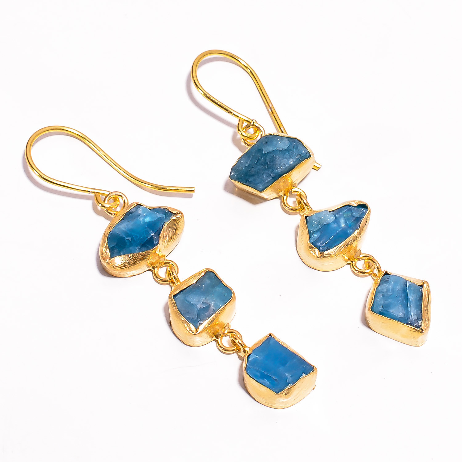 18K Gold Plated Brass Earrings Natural Rough Neon Apatite Gemstone Earrings