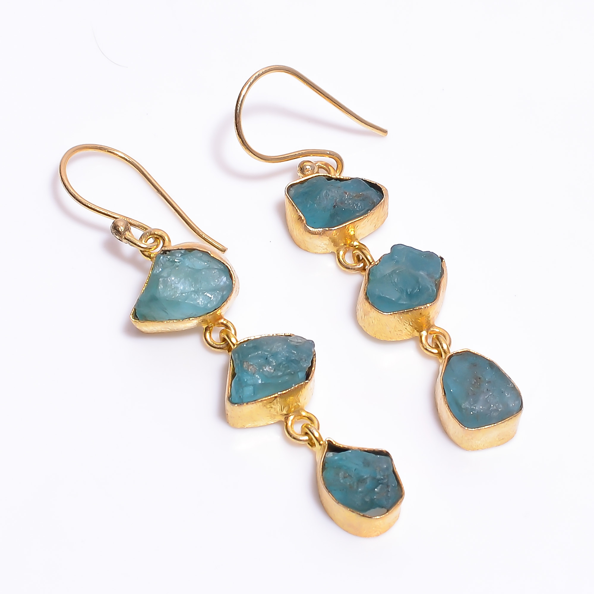 18K Gold Plated Earrings Natural Rough Sky Apatite Gemstone Earrings