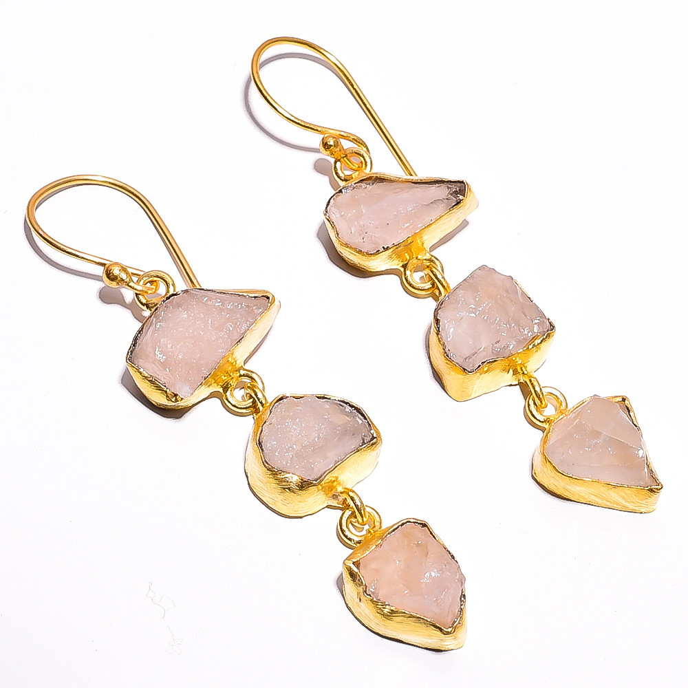 18K Gold Plated Earrings Natural Rough Rose Quartz Gemstone Earrings