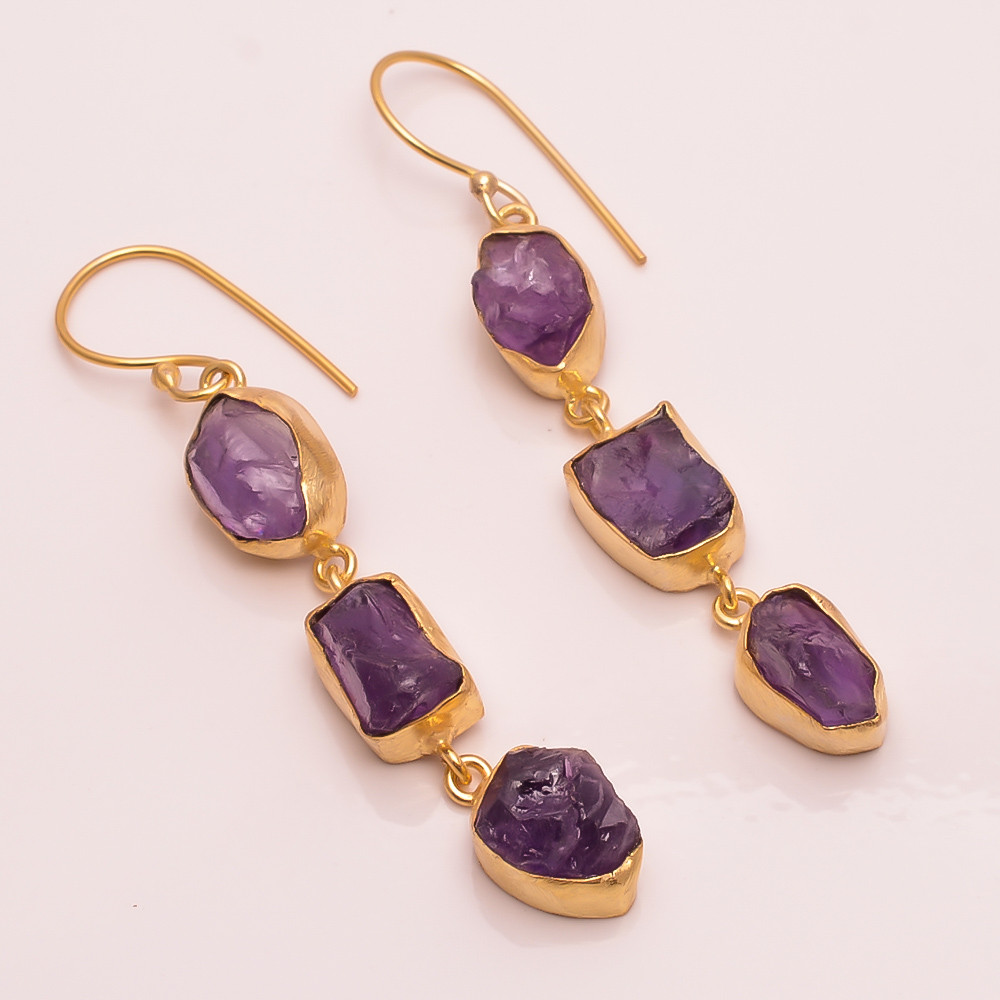 18K Gold Plated Brass Earrings Natural Rough Amethyst Gemstone Earrings