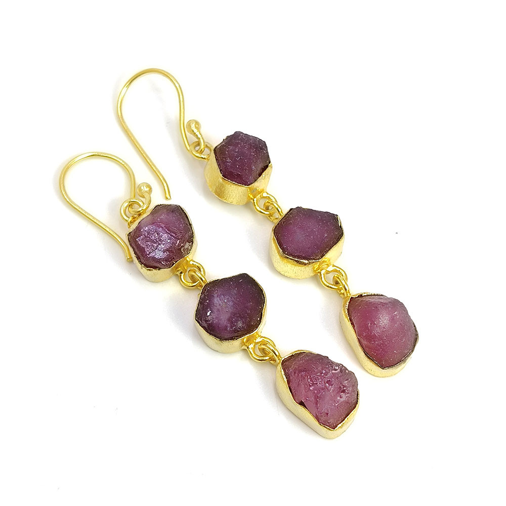 Ruby Raw Gemstone 18K Gold Plated Earrings