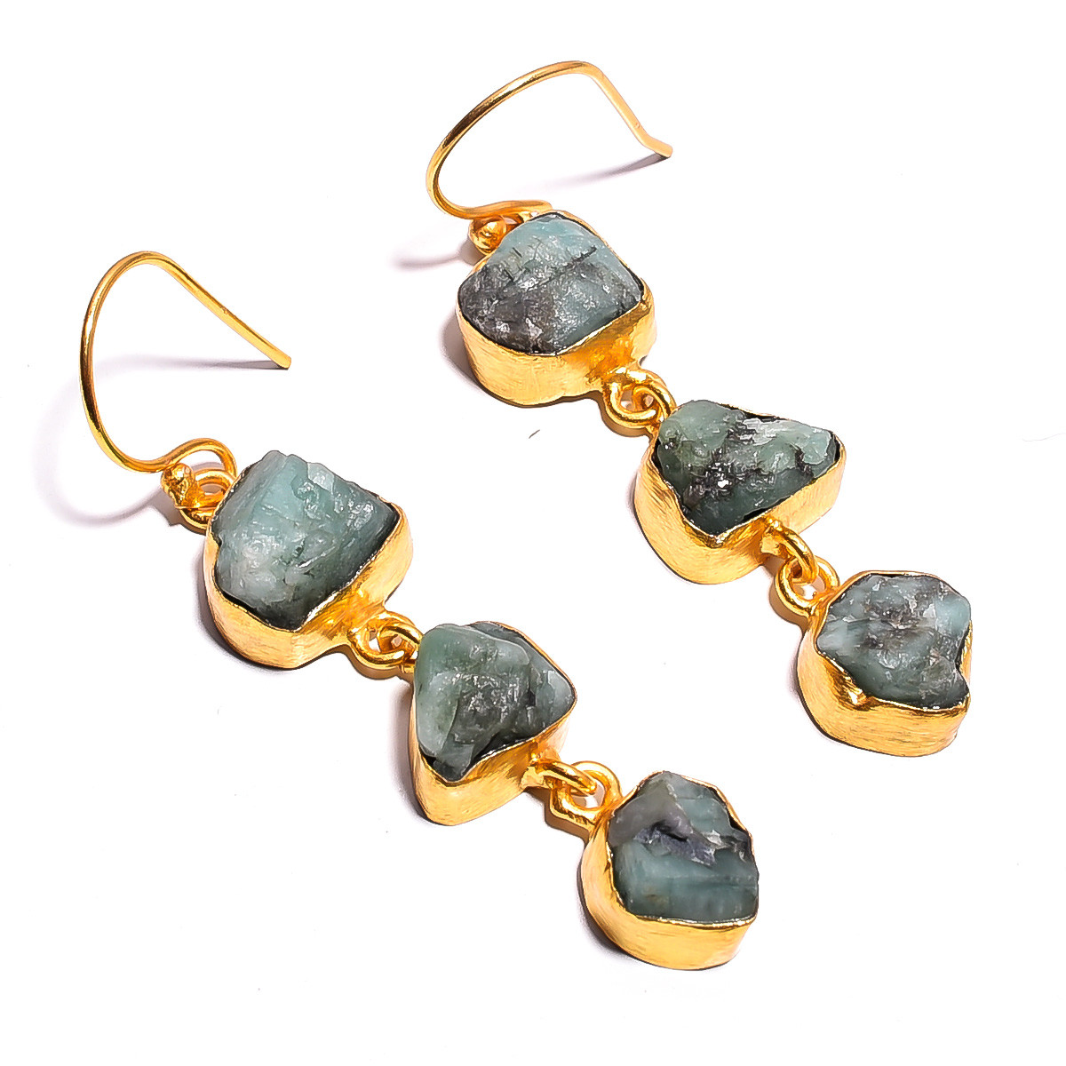 18K Gold Plated Earrings Natural Raw Emerald Gemstone Earrings