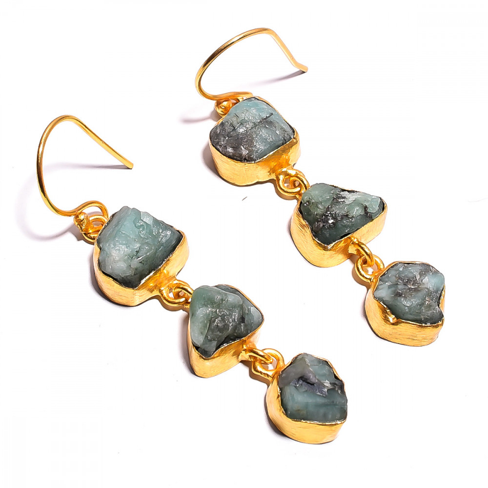 Image of 18K Gold Plated Earrings Natural Raw Emerald Gemstone Earrings