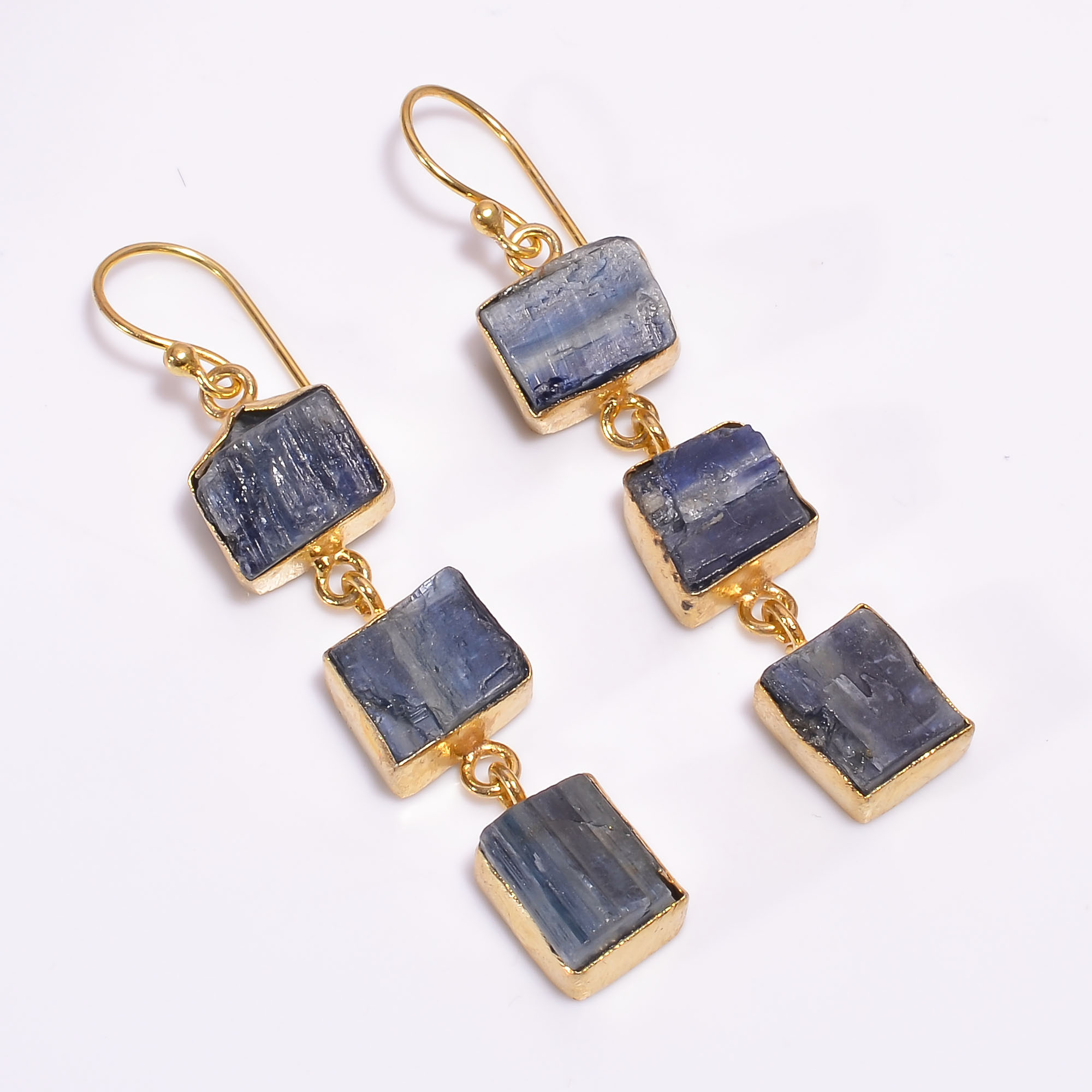 18K Gold Plated Brass Earrings Natural Rough Blue Kyanite Gemstone Earrings