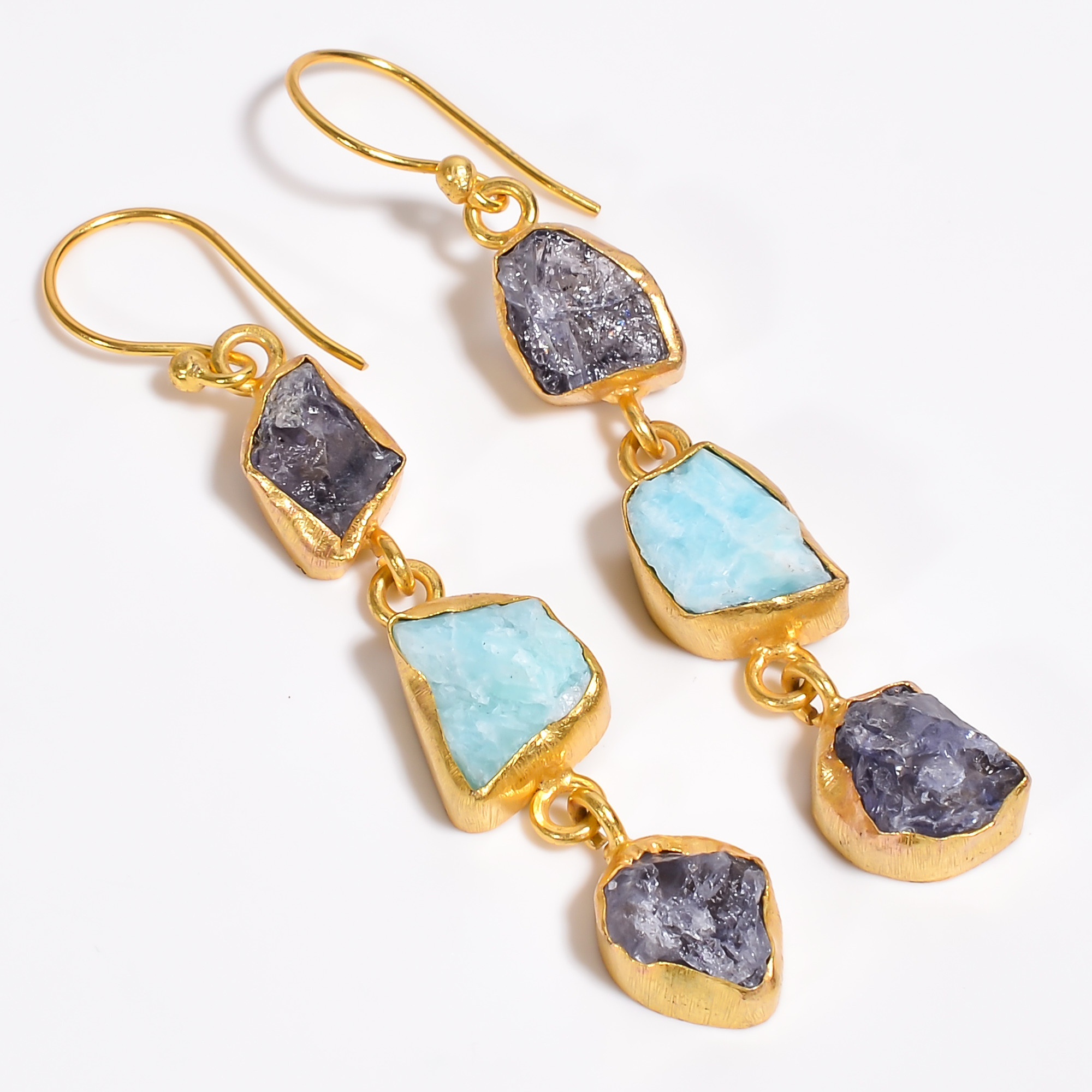 18K Gold Plated Earrings Natural Rough Amazonite Tanzanite Gemstone Earrings